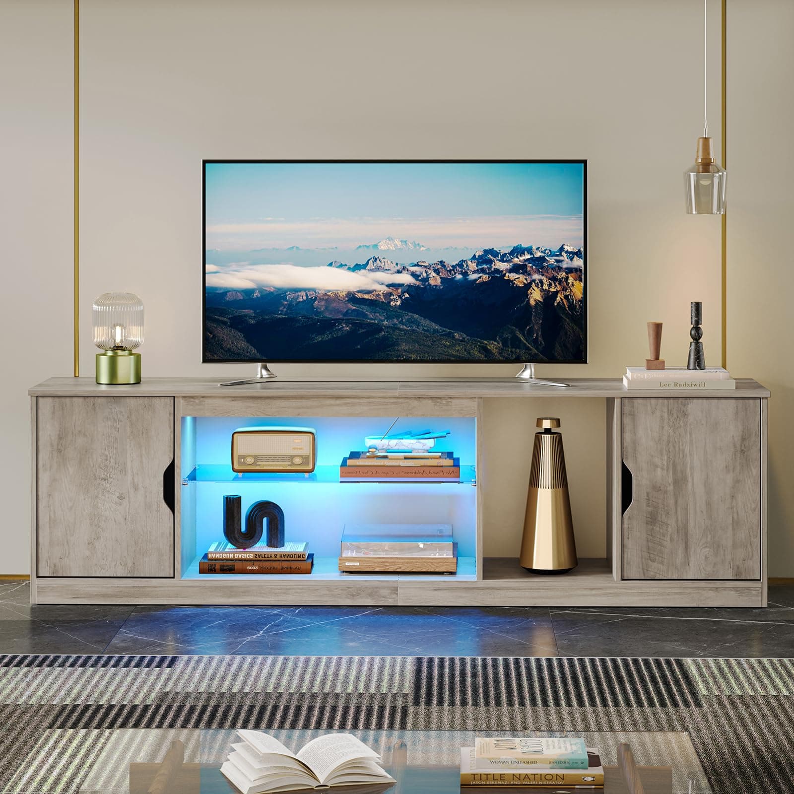 Bestier Washed Gray LED TV Stand & Entertainment Center 70 Inch, Adjustable Glass Shelves, Perfect for TVs up to 80 Inch
