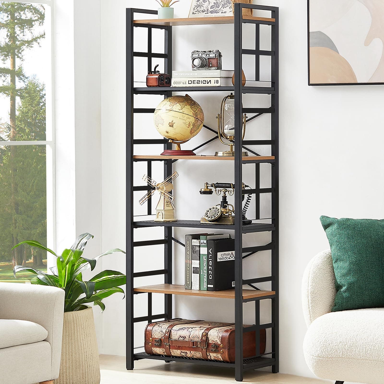 Industrial 6 Tier Bookshelf with Metal Frame - Rustic Brown