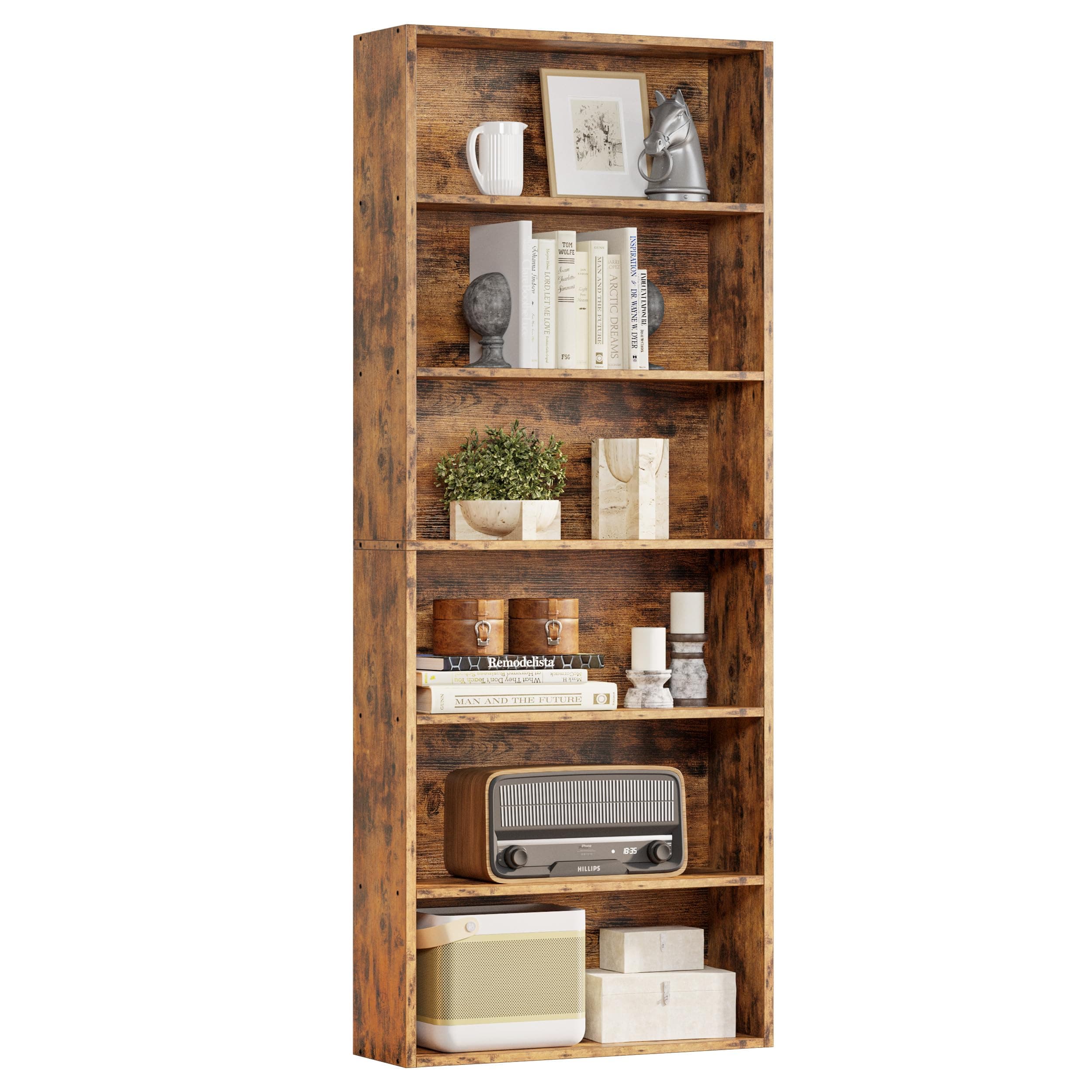 IRONCK Industrial Floor Standing Bookcase 6 Shelf 70 in Tall Vintage Brown Home Office and Living Room Furniture