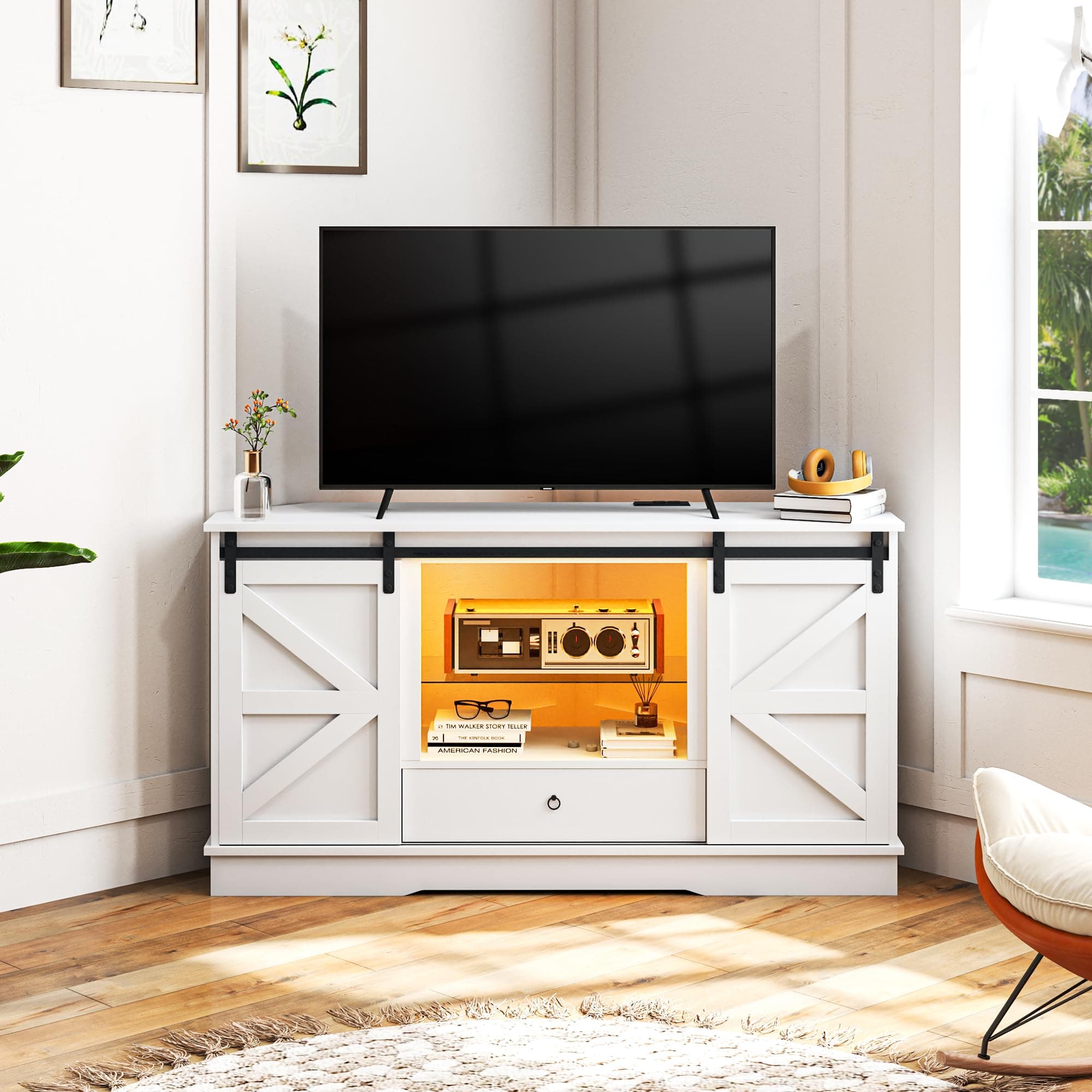 DWVO 65-Inch Corner TV Stand with Sliding Barn Door, Power Outlet, and LED Light - White Media Console, 15.7D x 58W x 31.1H