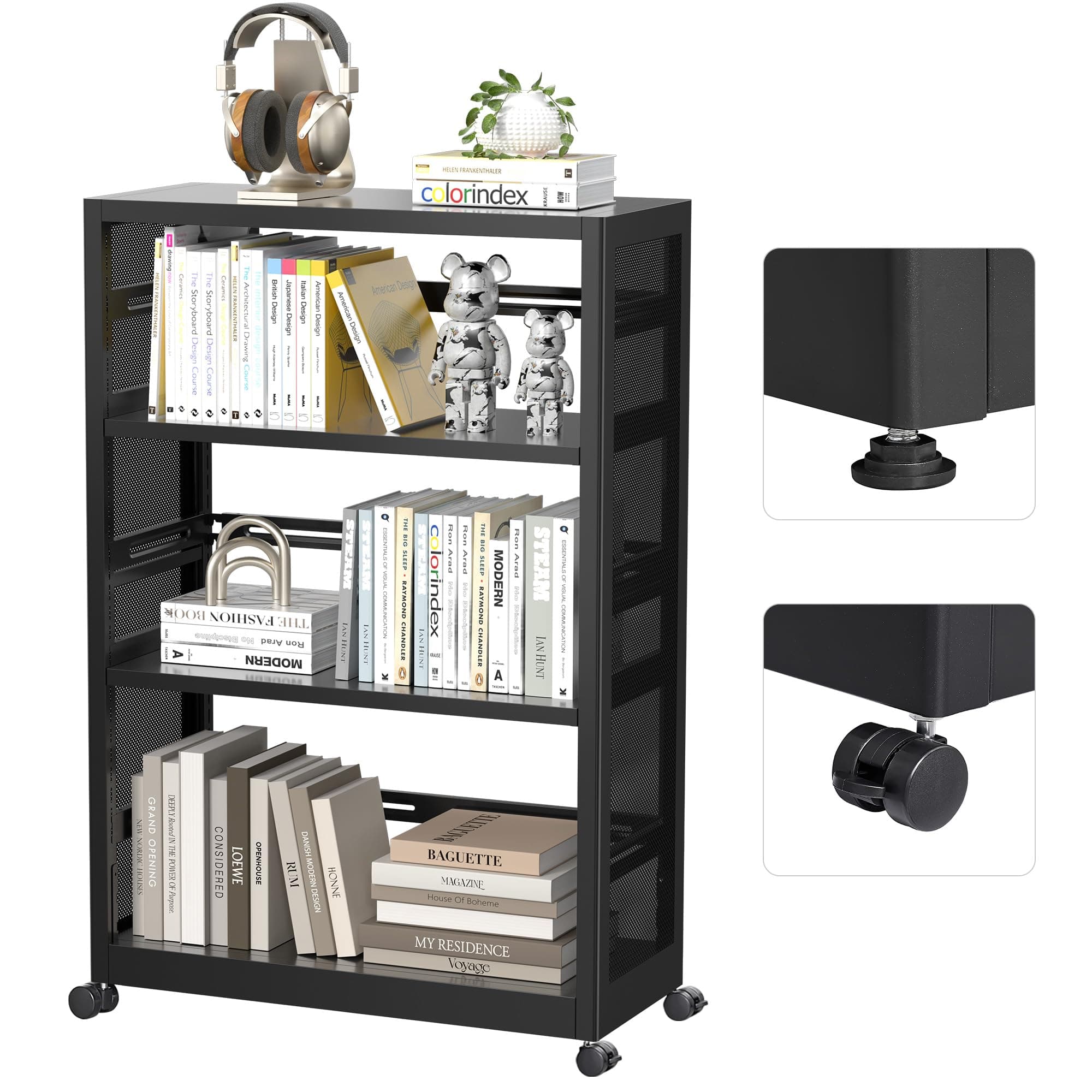 Heavy Duty Black Metal 3 Tier Rolling Bookshelf with Adjustable Feet - Assembly Required