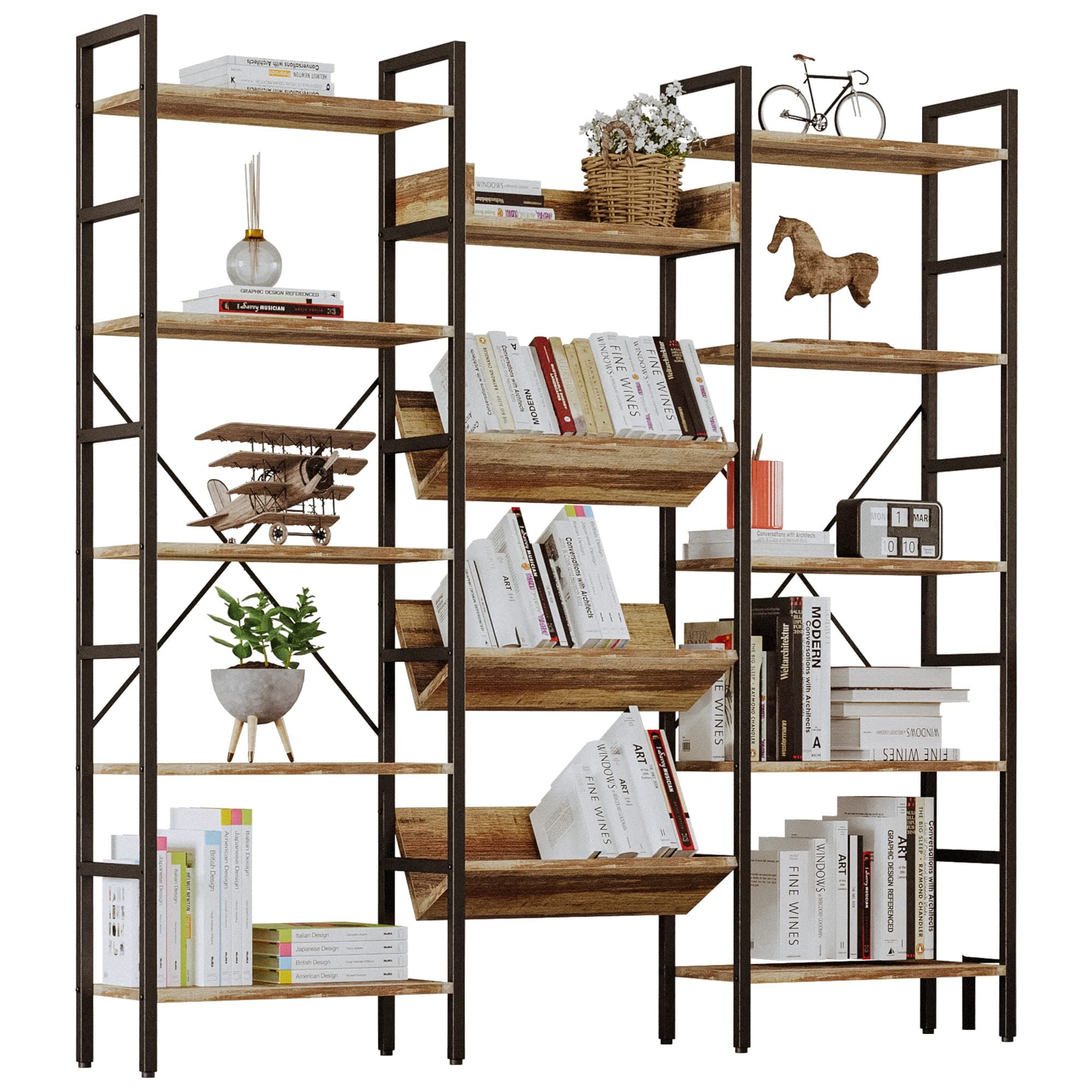 IRONCK Industrial Triple Wide 5 Tiers Bookshelf with Metal Frame for Living Room and Home Office