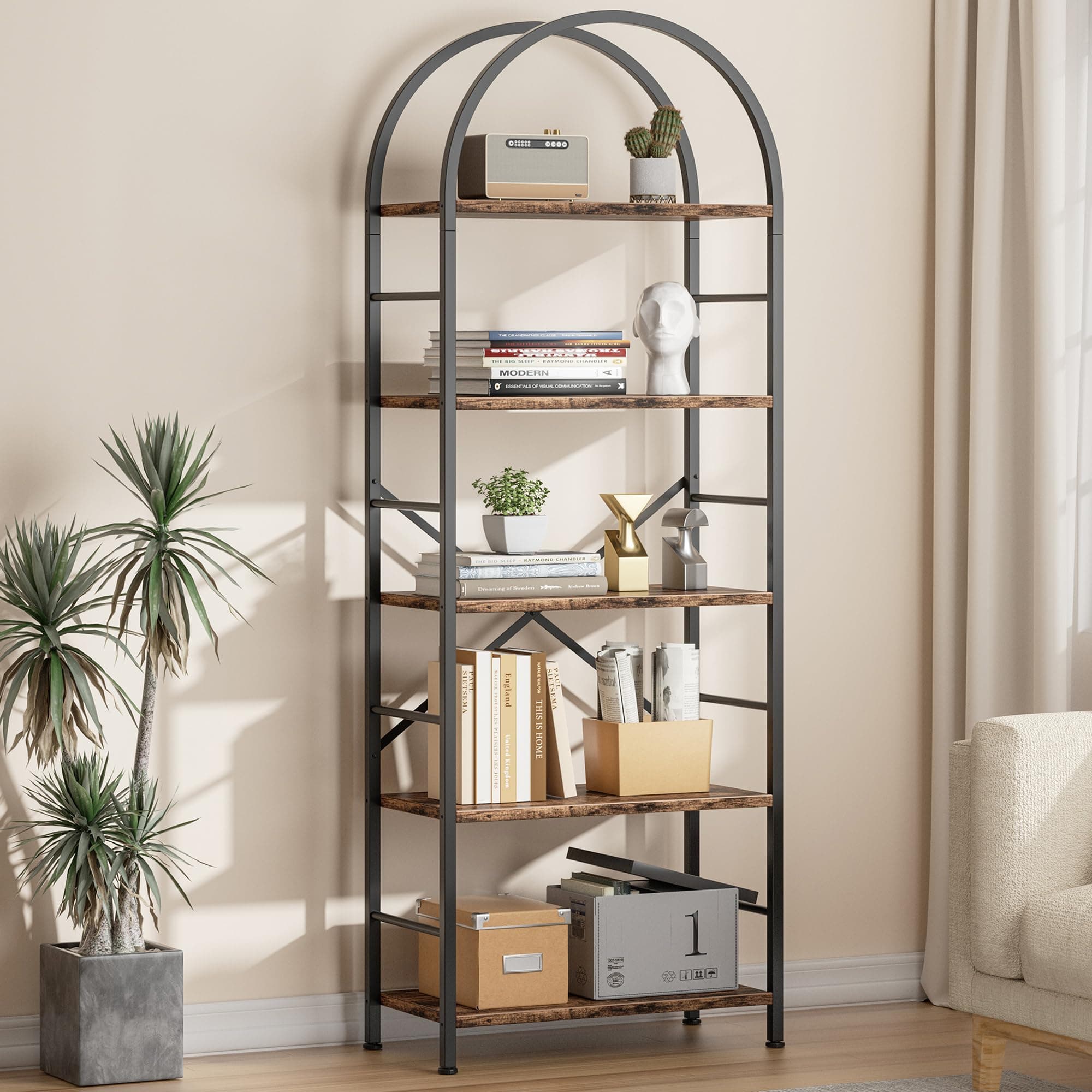Shintenchi Arched 5-Tier Bookshelf, Tall Rustic Brown for Home Office or Bedroom
