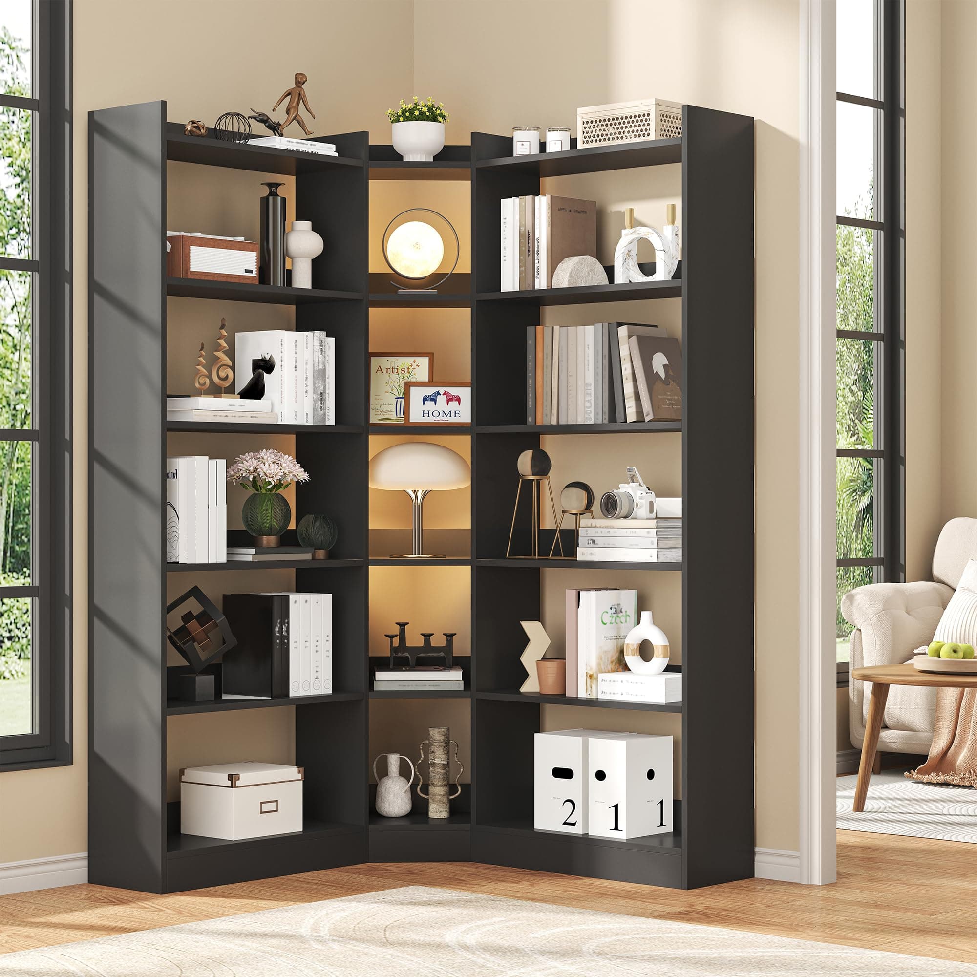 Industrial Black 6-Tier L-Shaped Corner Bookshelf with Baffle_storage Rack
