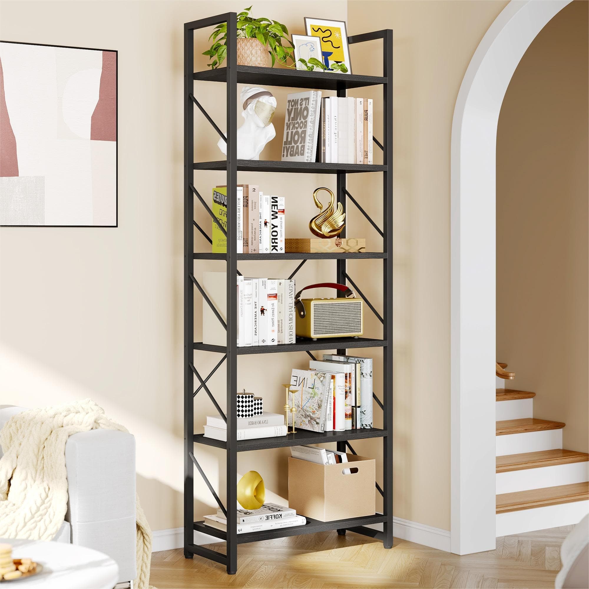 YITAHOME Modern 6 Tier Bookshelf for Living Room, Black