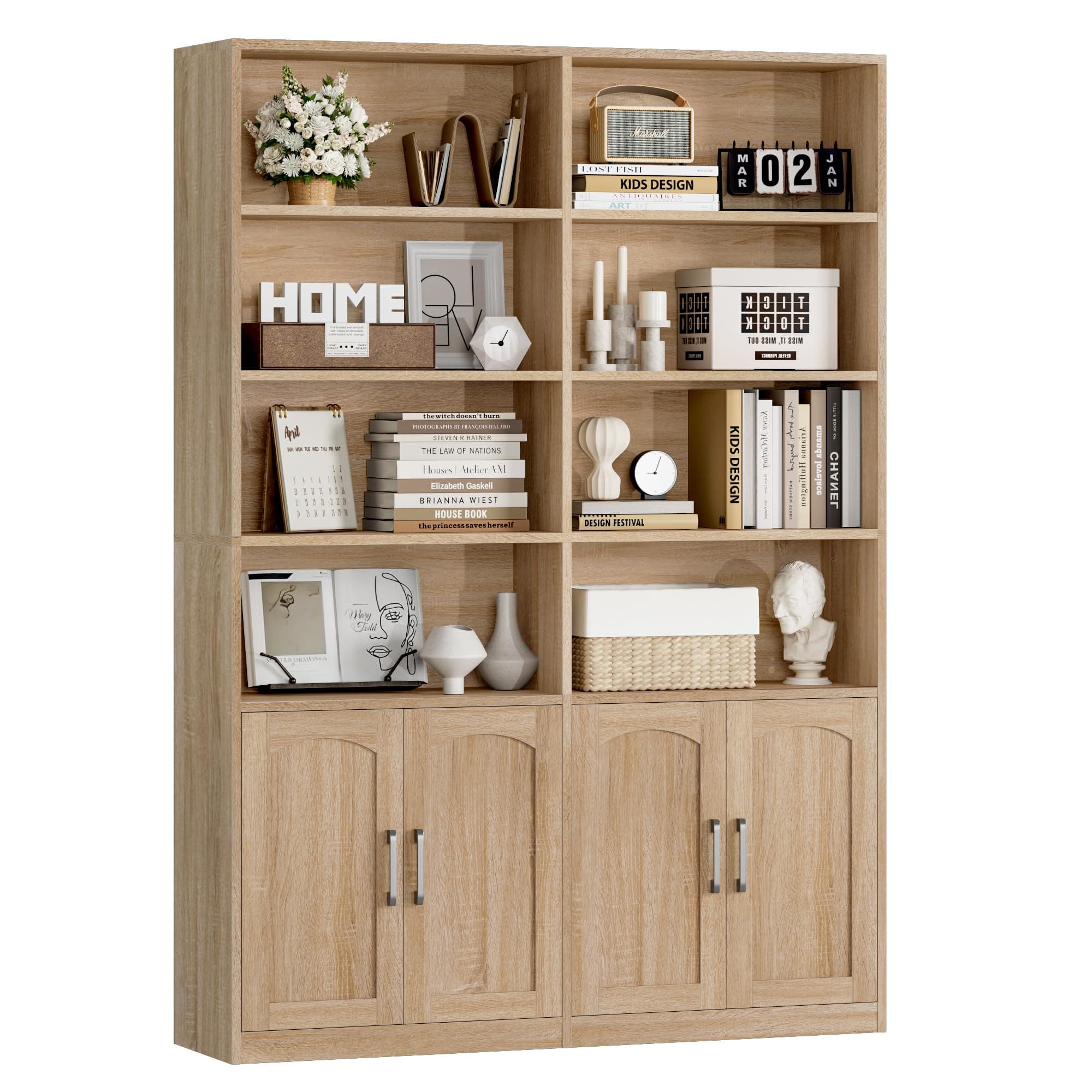 Double Wide Large 6 Tier Oak Bookshelf with Doors and Storage Cabinets