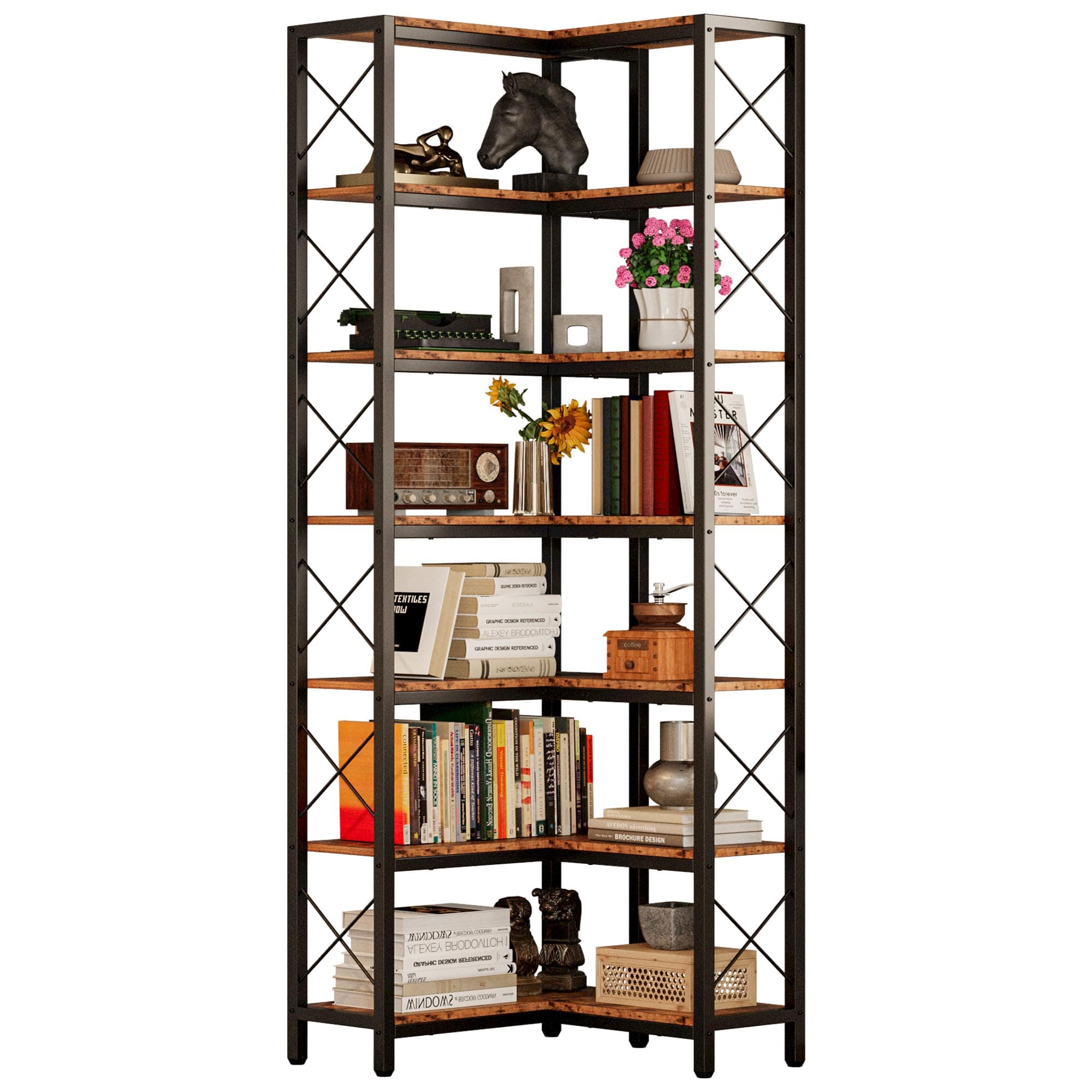 Industrial 7-Tier Corner Bookshelf with Metal Frame for Home or Office