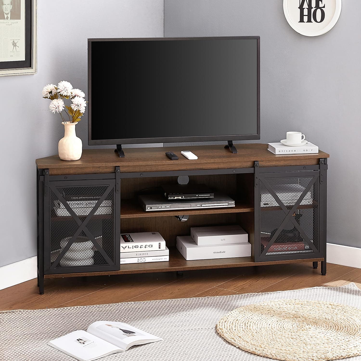 Rustic Corner TV Stand for 55/60 Inch TV with Storage and Sliding Barn Door