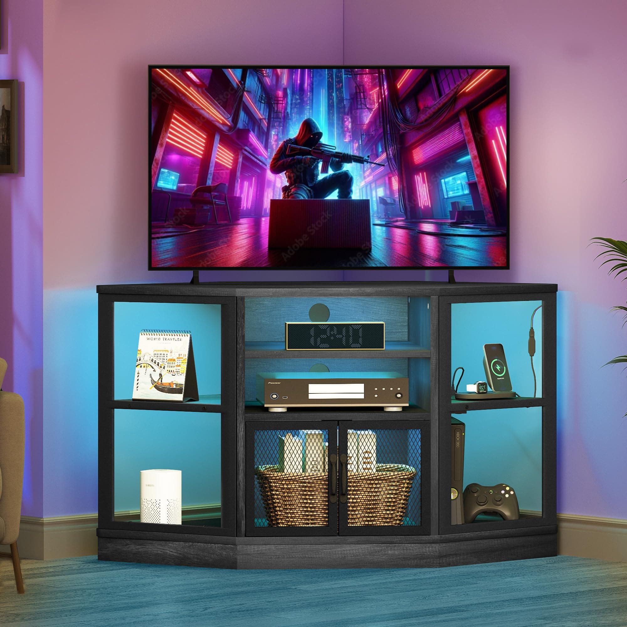 Modern Corner TV Stand with LED Light and Storage Cabinets, Dark Grey 47 Inch