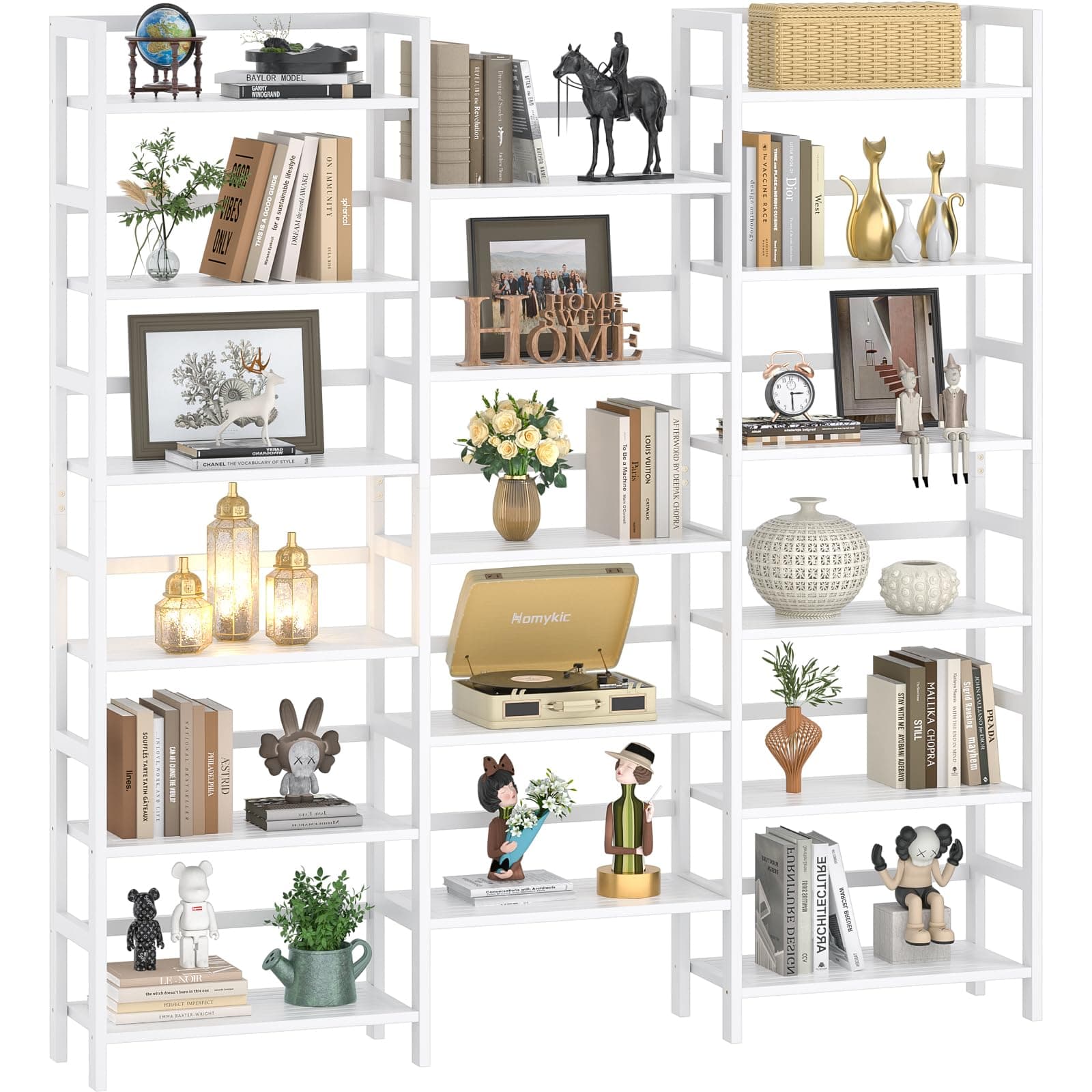 Homykic 6-Tier Bamboo 6ft Tall Bookshelf, White, Home Office, Bedroom, Living Room