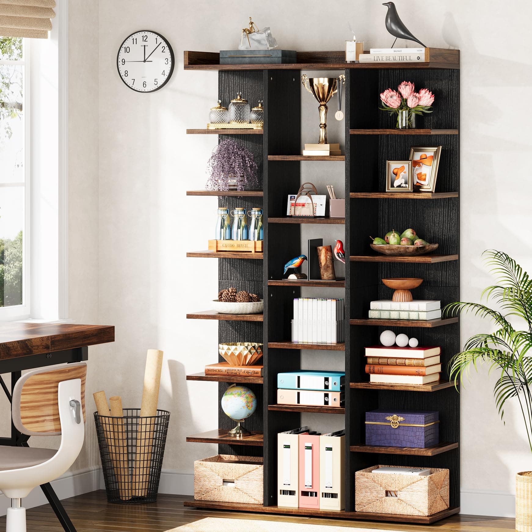 Industrial Wood 7-Tier Bookshelf with 20 Storage Cubes