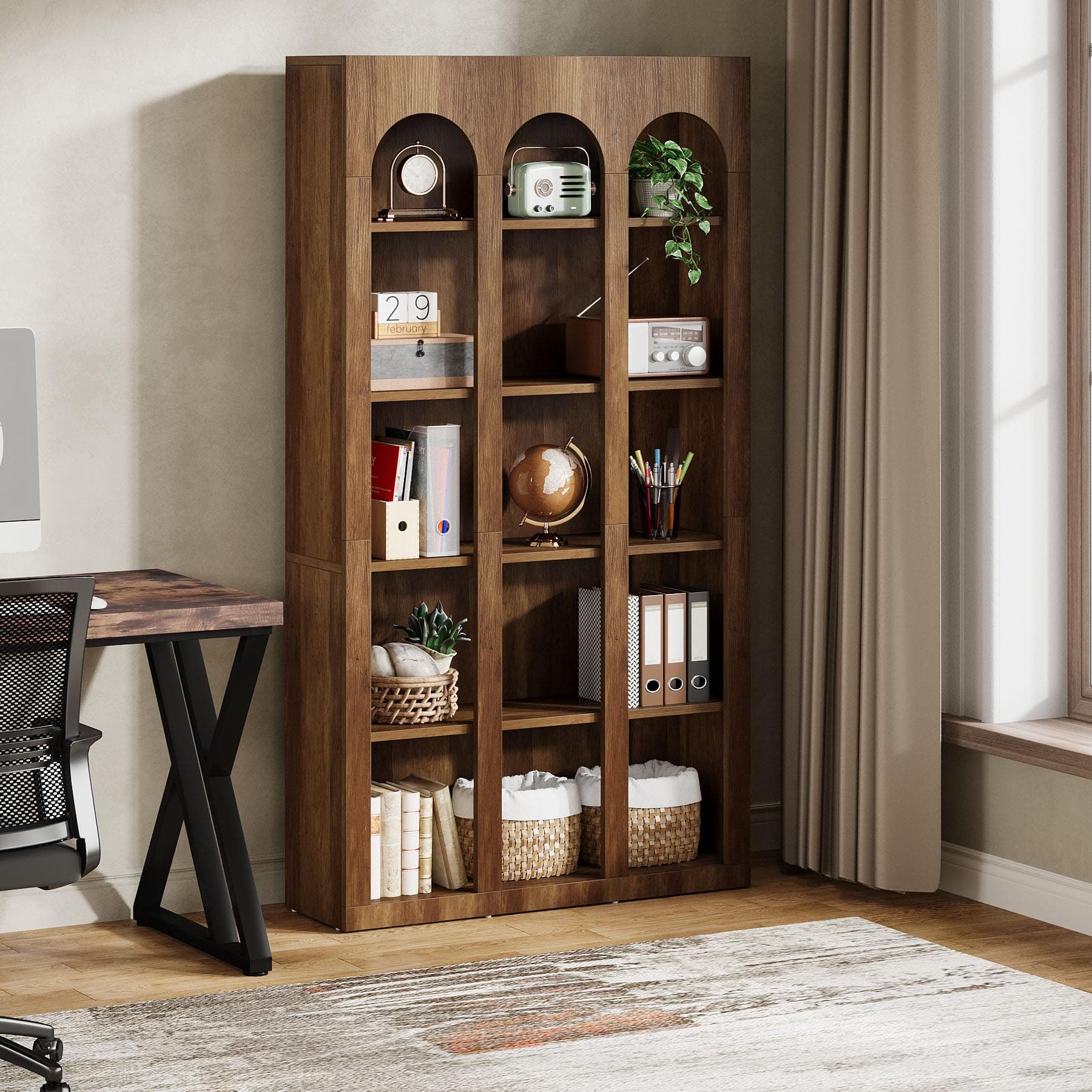 Tribesigns Walnut Brown 5-Tier Mid Century Arched Bookshelf for Home Office
