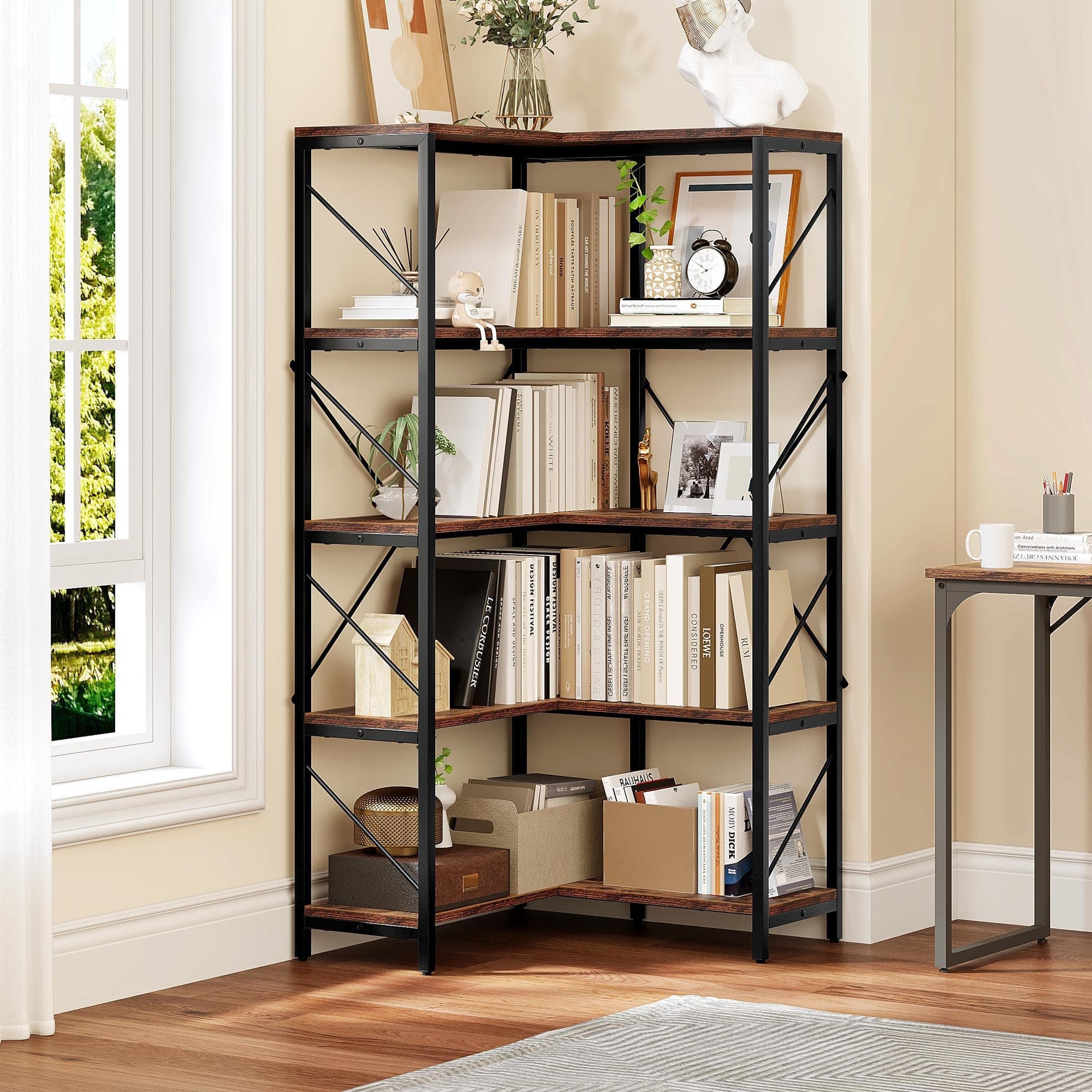 YITAHOME Industrial 5 Tier Corner Bookshelf, Large Rustic Brown Display Rack