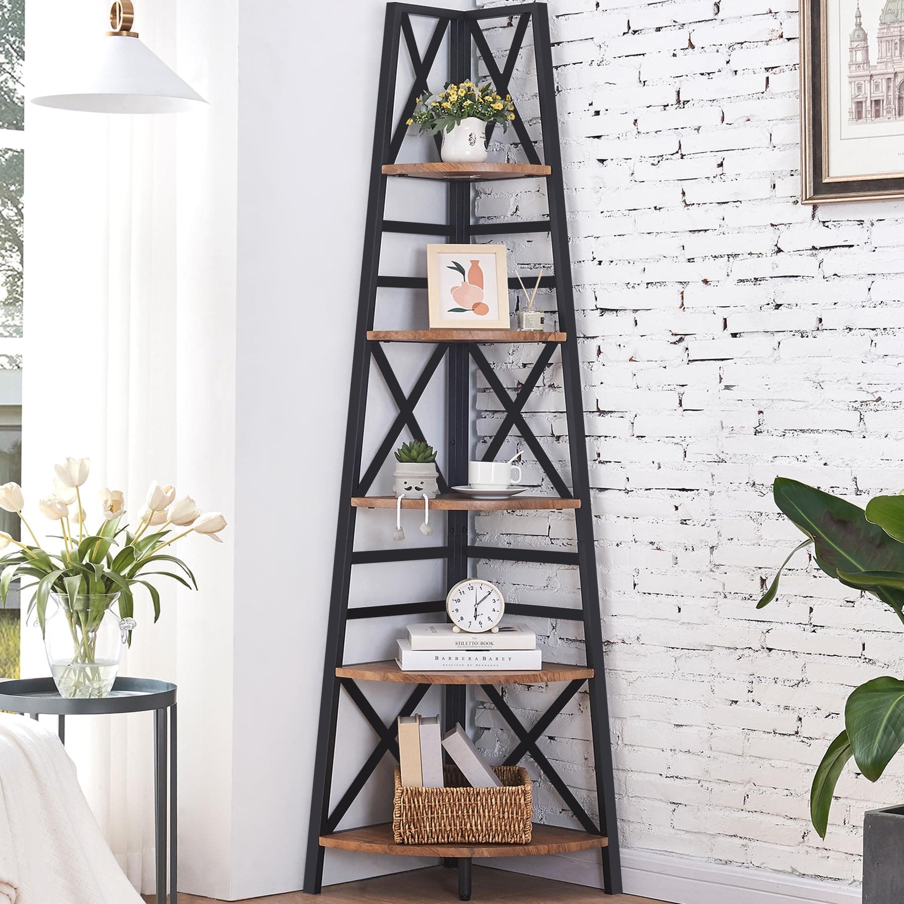 72 Inch Industrial Rustic Brown Corner Shelf Stand for Home and Office