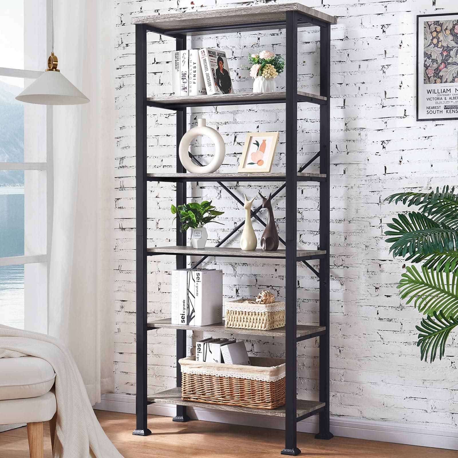 HOMBAZAAR Grey Industrial 6 Tier Bookshelf for Living Room, Office, Bedroom, Kitchen