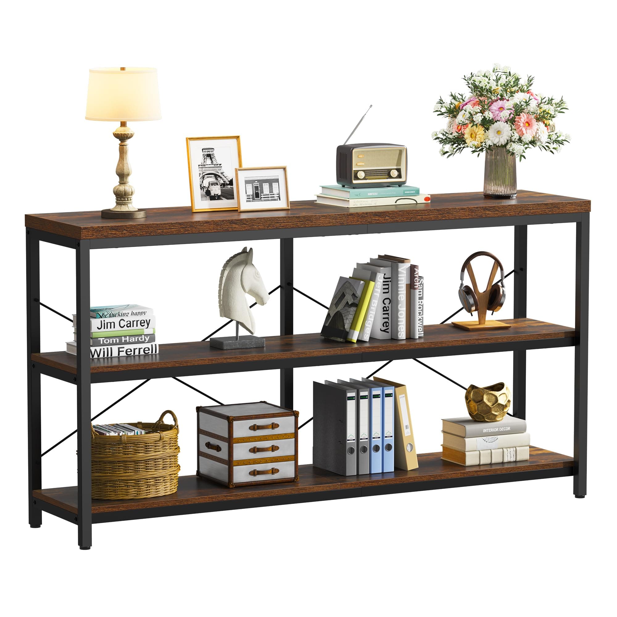 Semoic 3-Tier Industrial Wood Bookshelf, Brown Metal Frame, Living Room & Study Storage Organizer