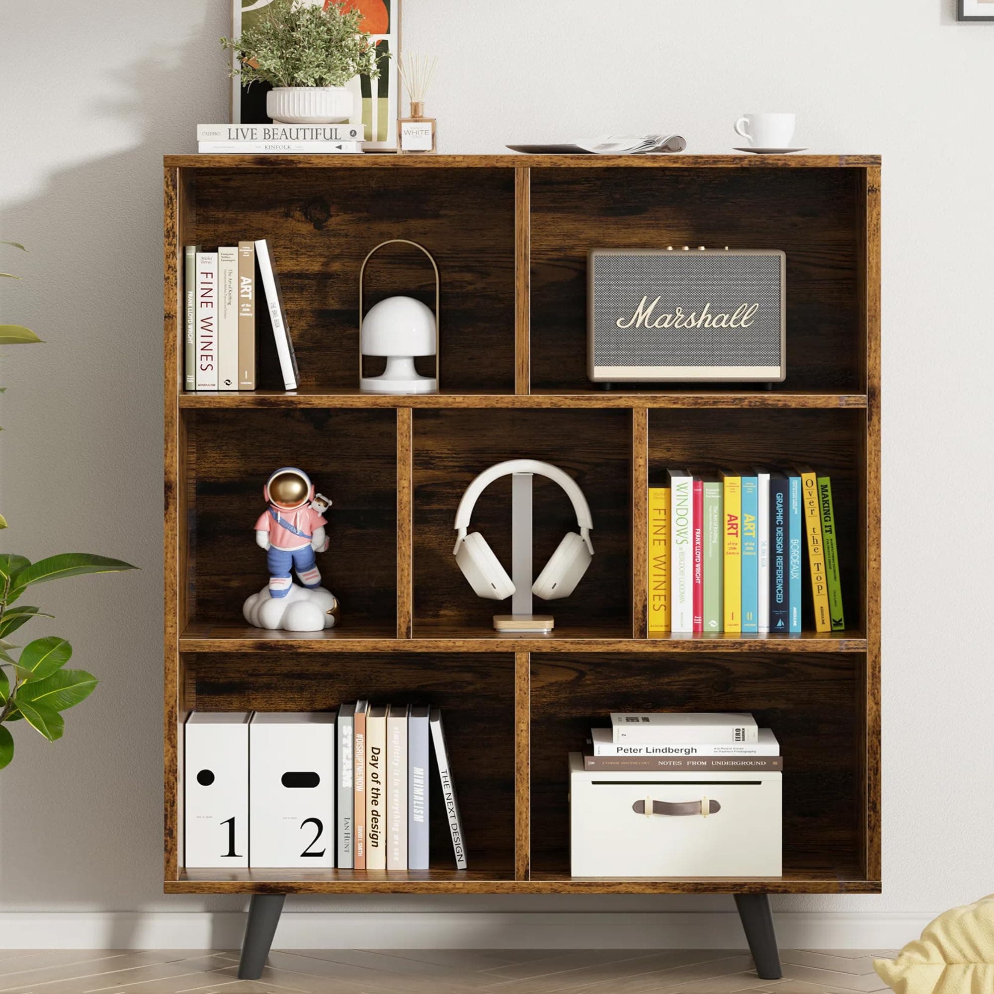 Vongrasig 7 Cube Bookshelf, Mid-Century Modern Wooden Storage Organizer