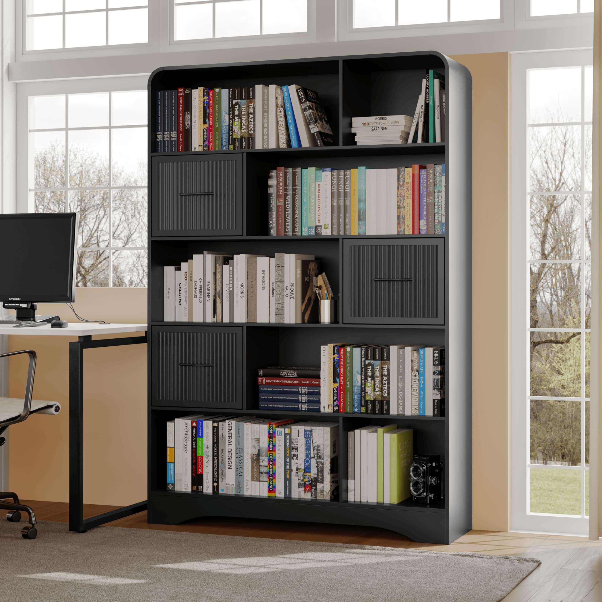Tall Black 48" Modern 5-Tier Bookshelf with Drawers and StorageBins