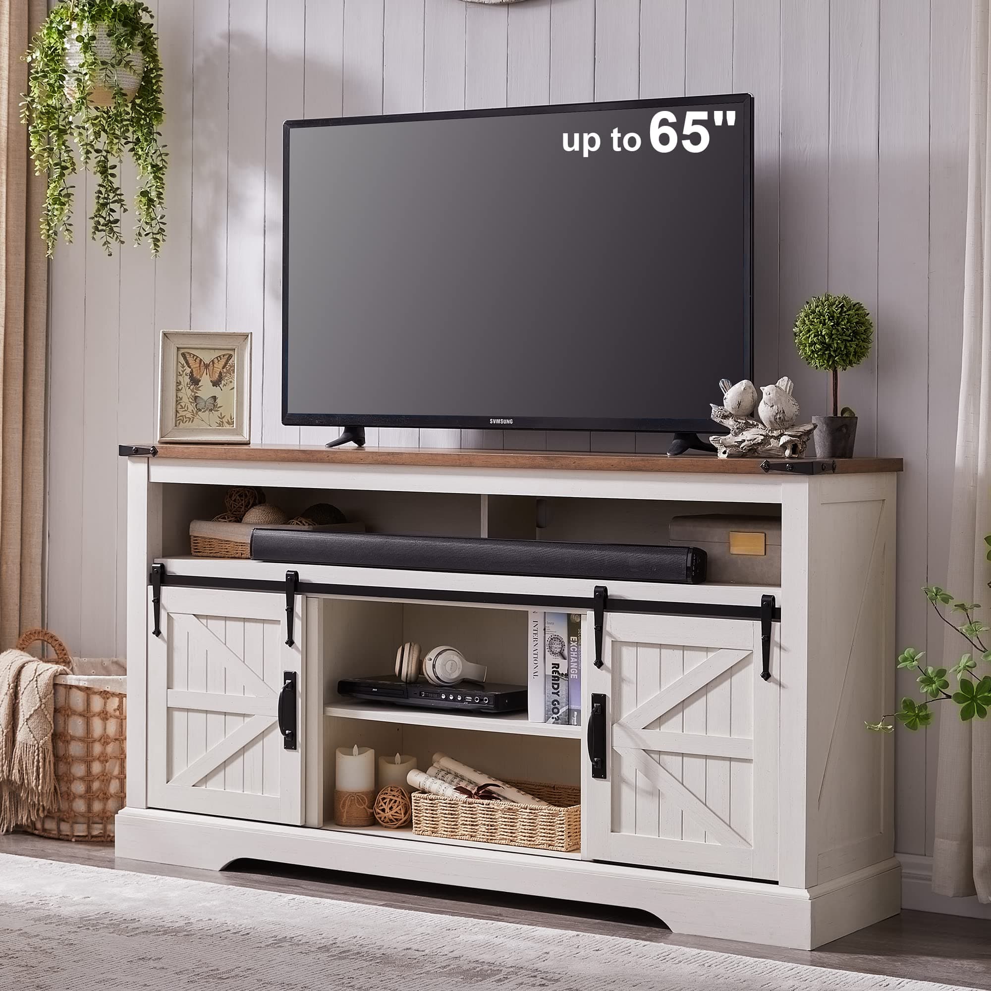 OKD Farmhouse 65+" TV Stand with Sliding Door & Storage