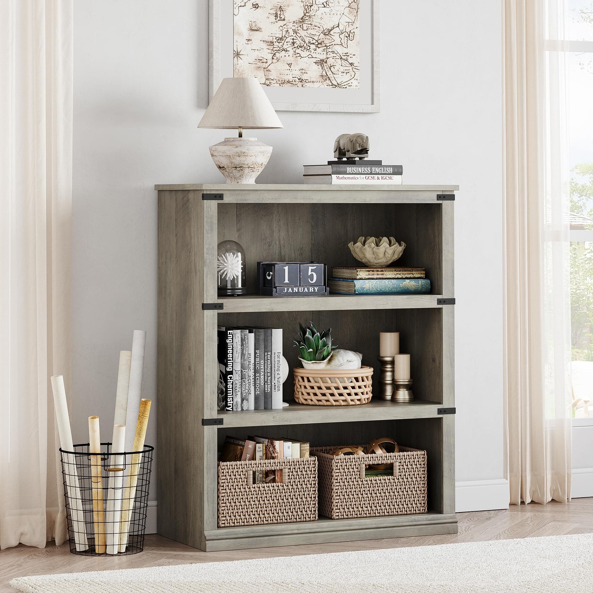 GAOMON 3 Tier Grey Farmhouse Bookshelf with Storage
