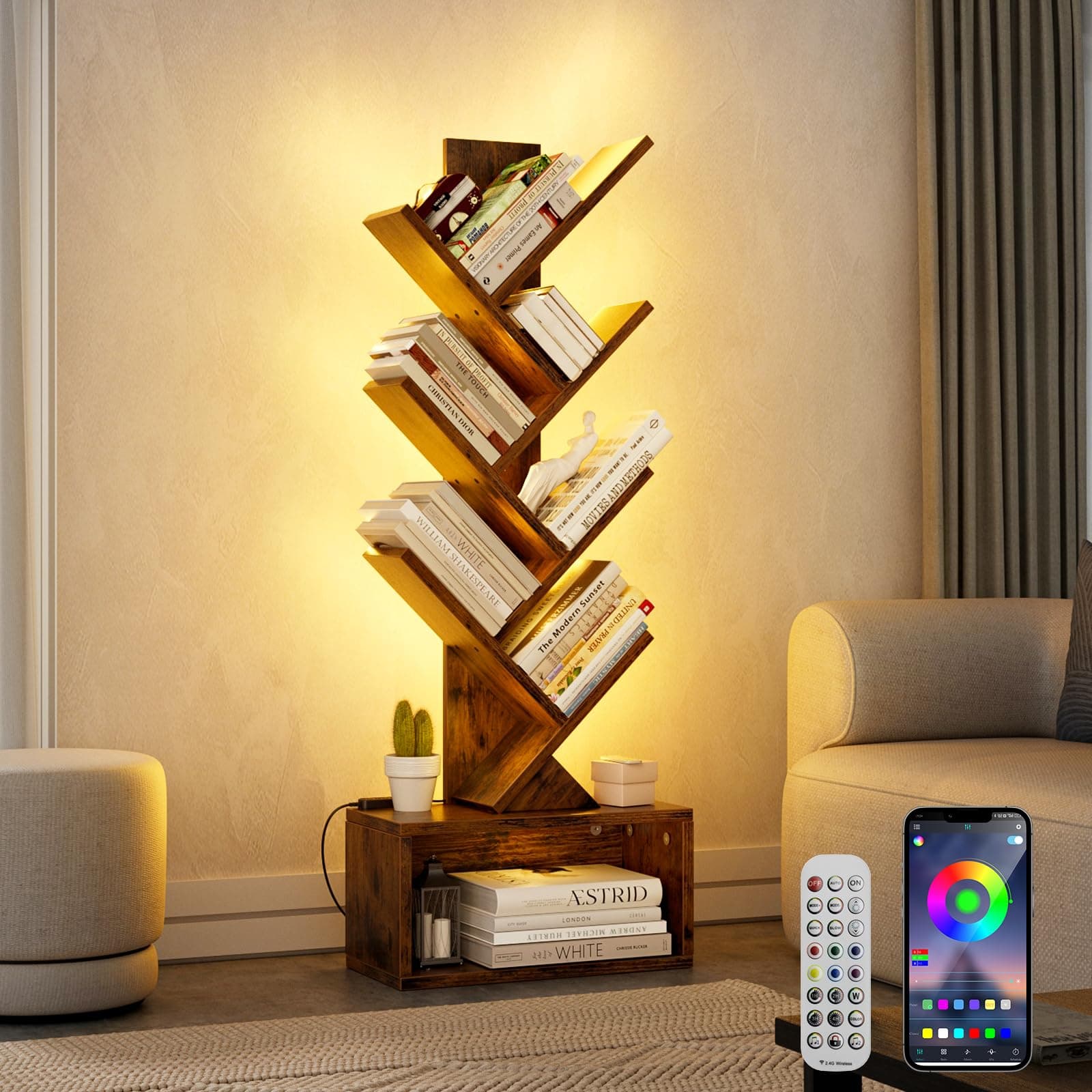 Rustic Brown 6-Tier LED Bookshelf with Music Sync & Remote Control