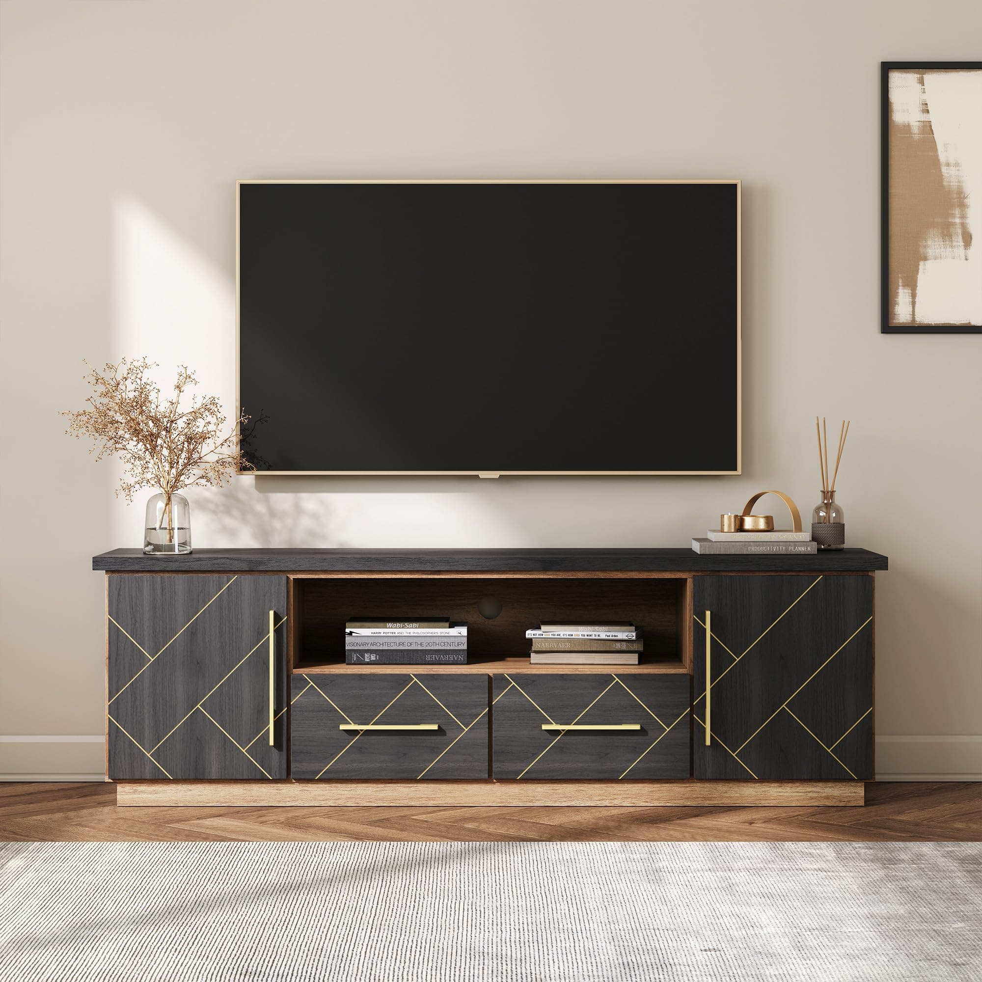 BELLEZE 70 Inch Modern TV Stand with Gold Trim & Storage for Living Room & Home Theater