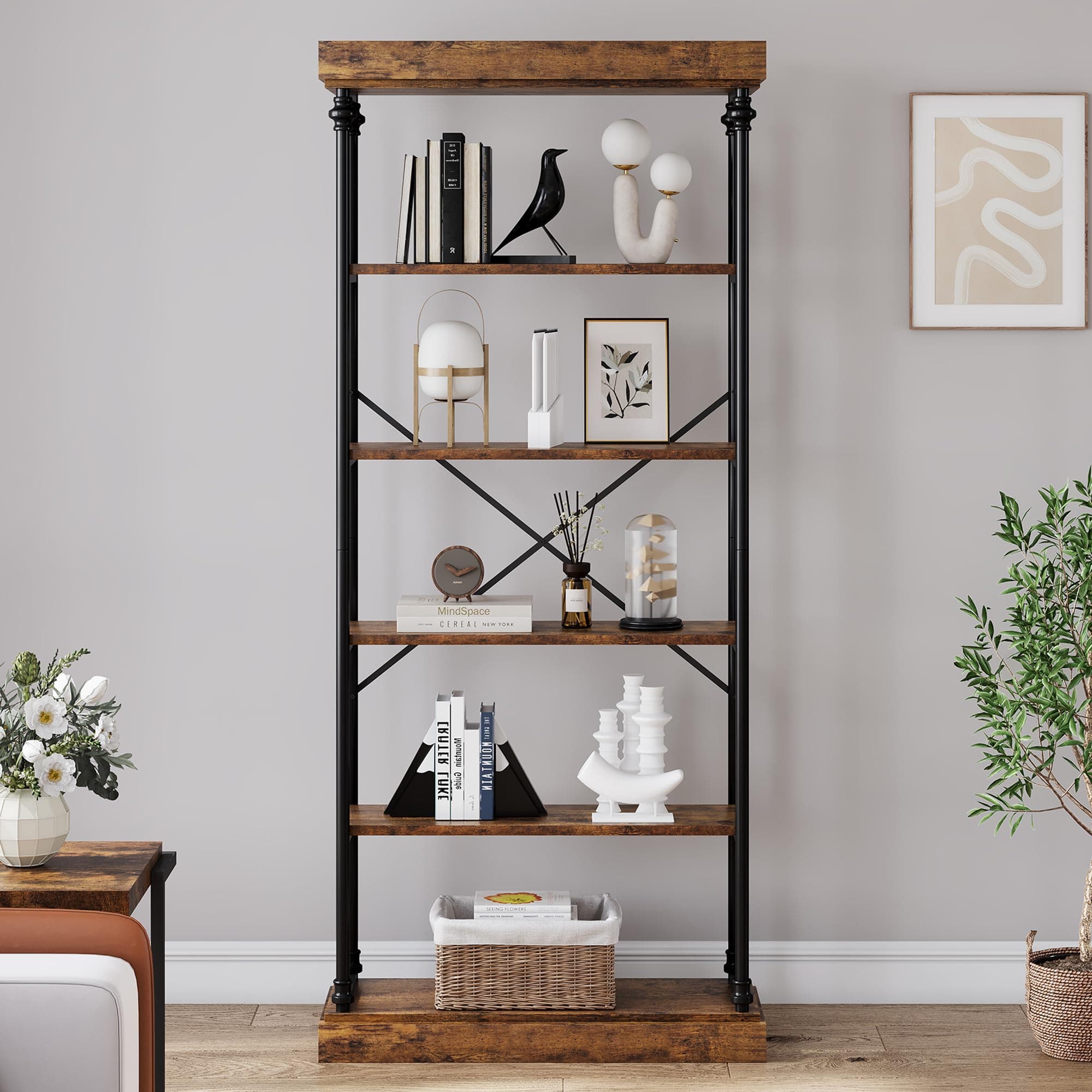 IDEALHOUSE Rustic Tall 6 Tier Wood Storage Bookshelf with Metal Frame
