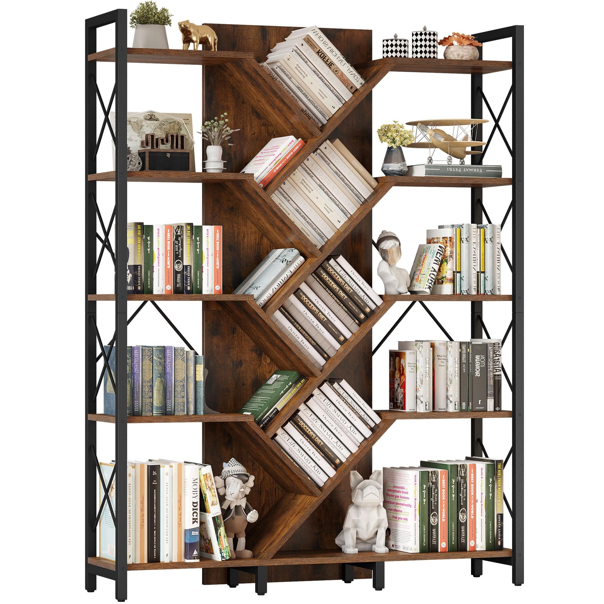 YITAHOME Rustic Brown 5-Tier Large Tree Bookshelf for Living Room and Office