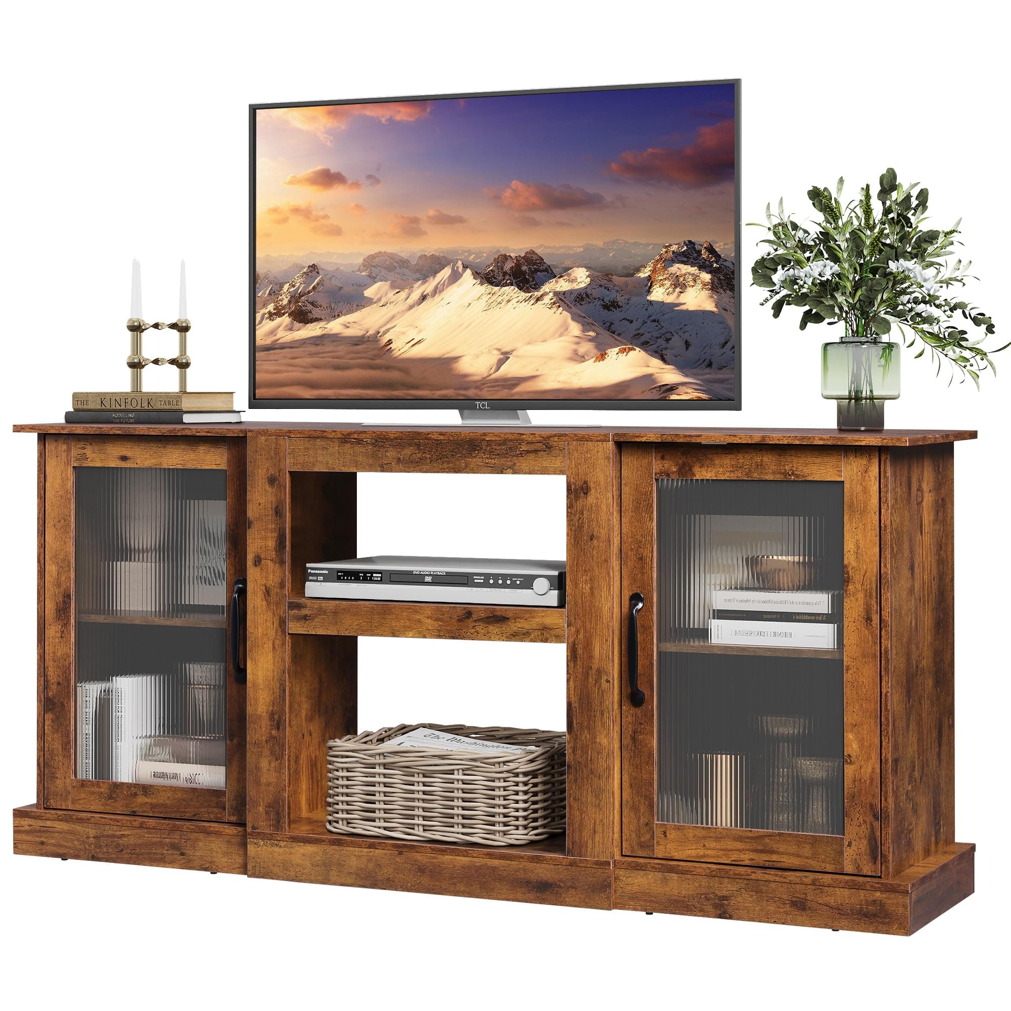 Retro TV Stand for 65 inch TV with Storage, Rustic Brown