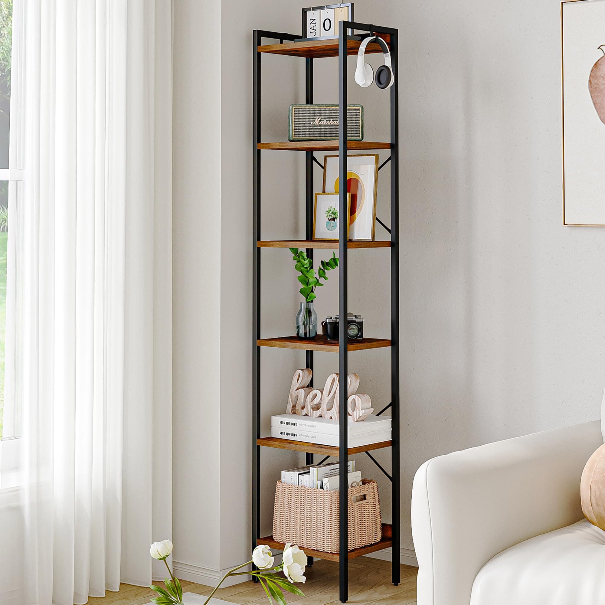 Rustic Brown 6-Tier Bookcase with Hooks for Home Storage BC10701B
