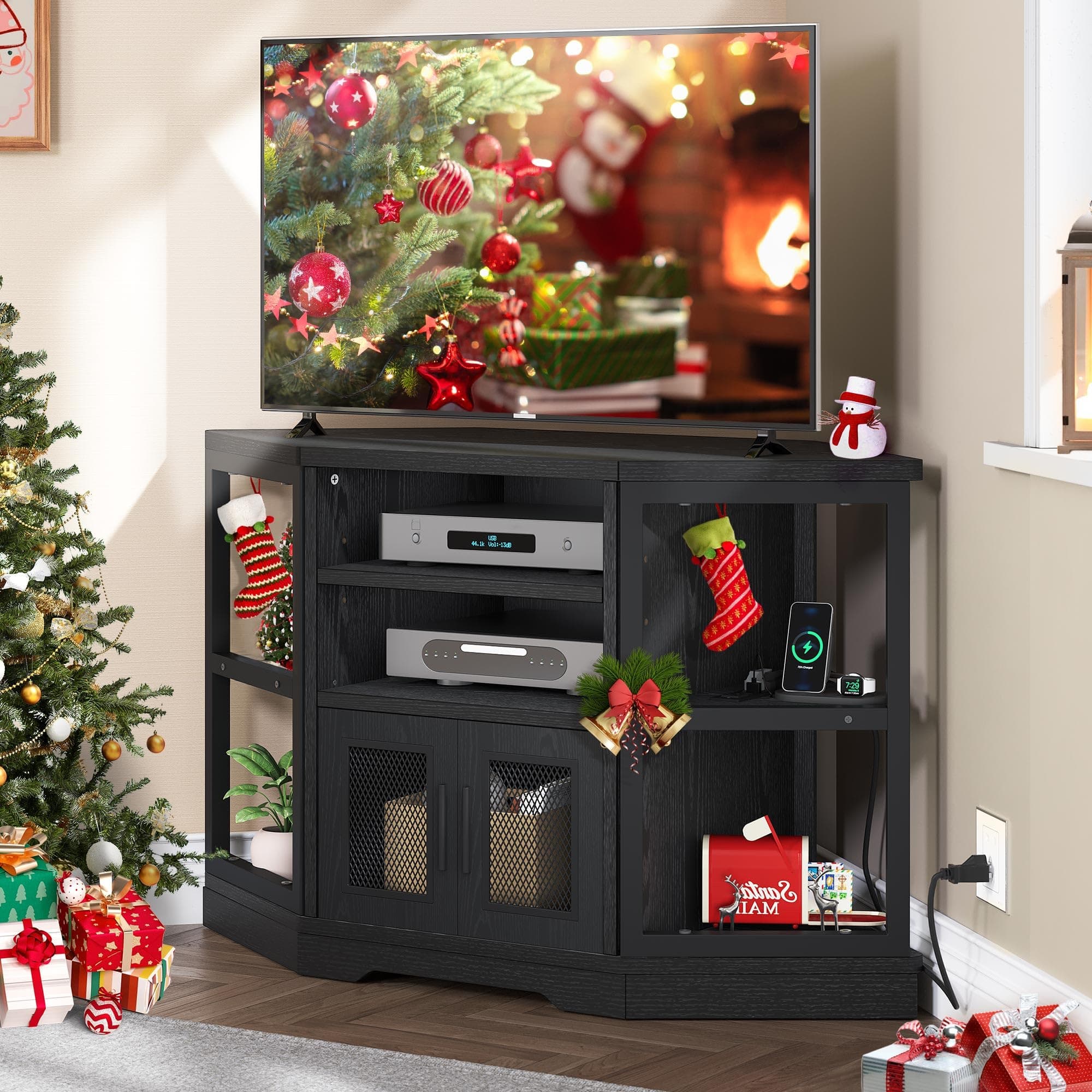 YITAHOME Corner TV Stand for TVs up to 55/50 Inch, Modern Farmhouse Entertainment Center with Storage - Black