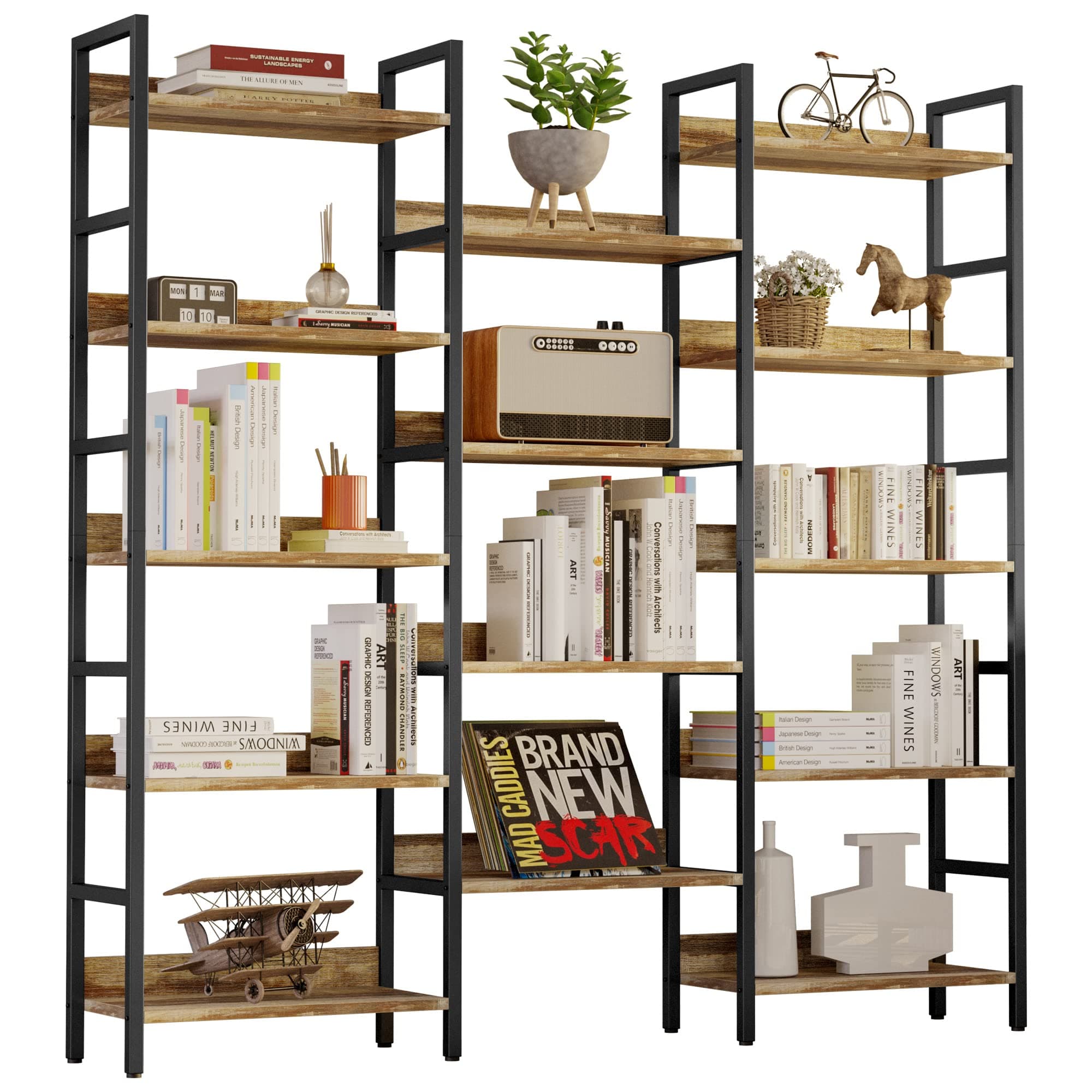 IRONCK Triple Wide 5 Tiers Industrial Bookshelf with Metal Frame