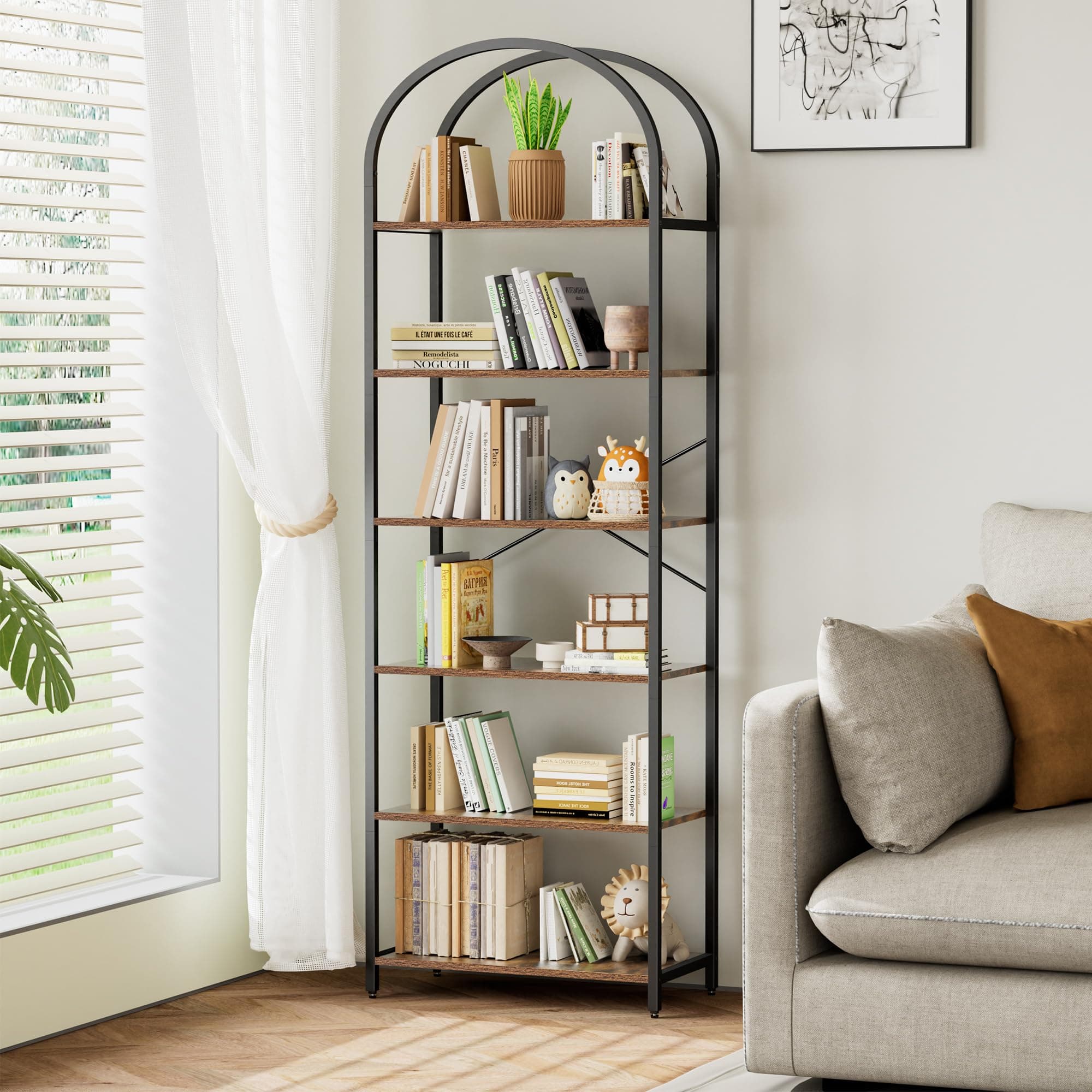 Homhedy 6-Tier Arched Wood & Metal Bookshelf, Tall Standing Display Unit, Rustic Brown