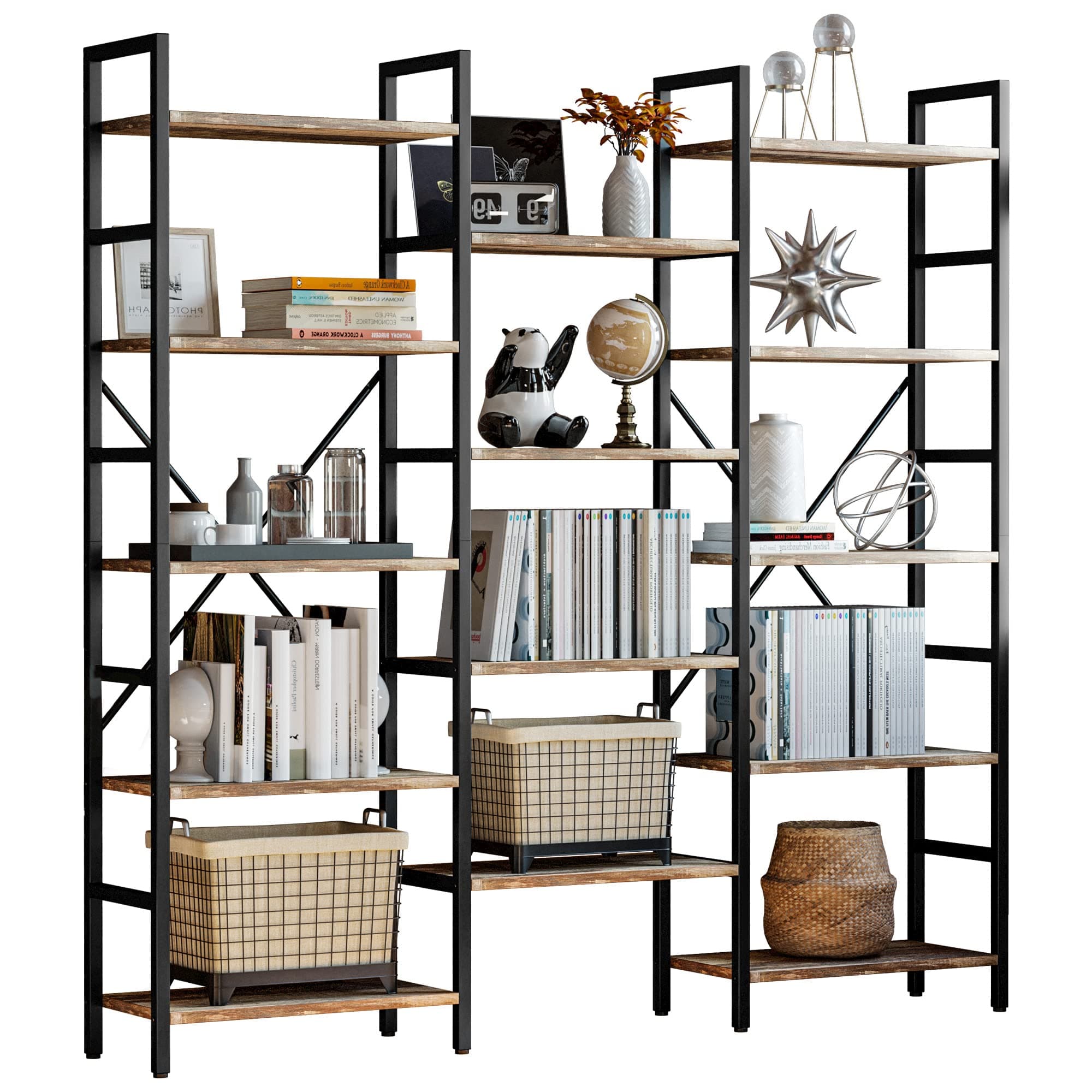 IRONCK Triple Wide Industrial Bookshelf with 5 Tiers for Living Room, Bedroom, and Home Office