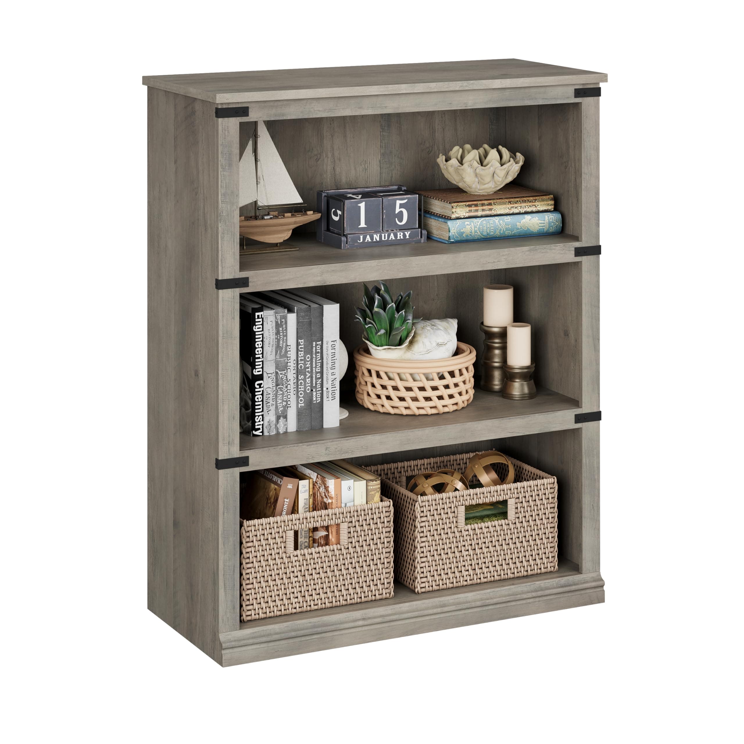 IDEALHOUSE 3-Tier Grey Farmhouse Bookcase with Storage for Home Office