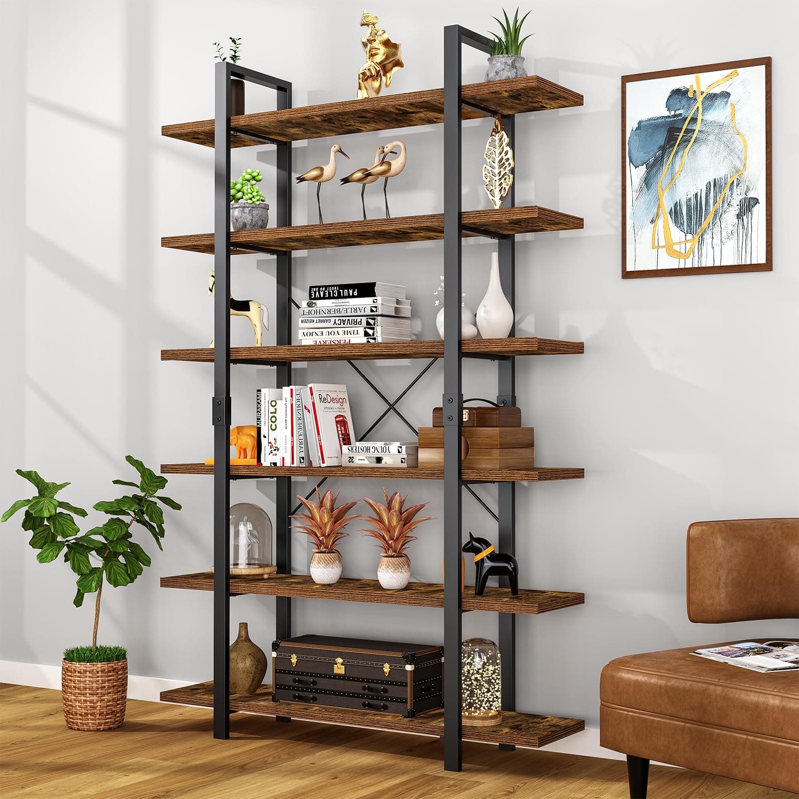 FRAPOW 6 Tier Industrial Bookshelf, 83 Inch Tall Rustic Open Metal Frame