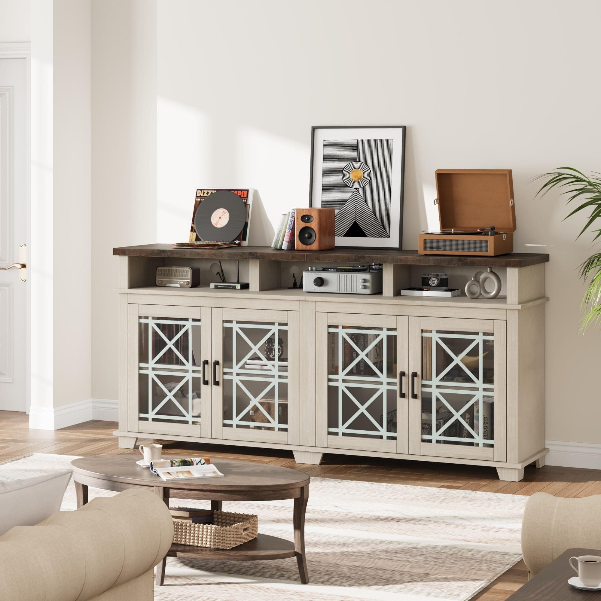 GAOMON Whitewashed Farmhouse TV Stand with LED Lights & Storage for 70" TV