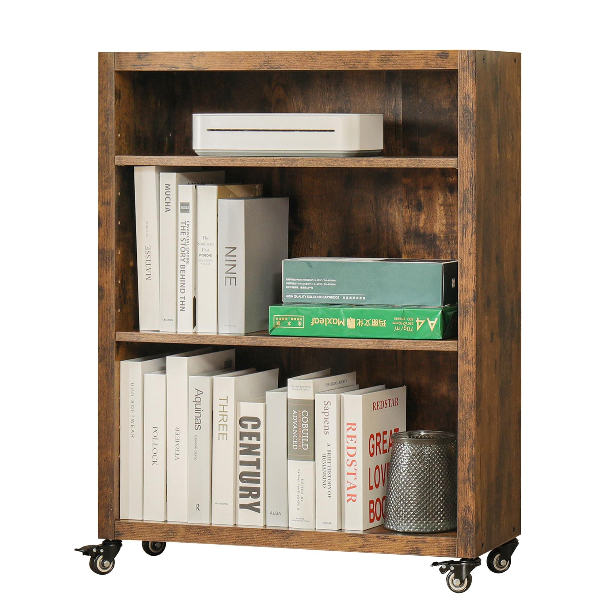 FUSUNBAO 3-Tier Antique Brown Bookshelf with Wheels for Living Room/Bedroom/Office