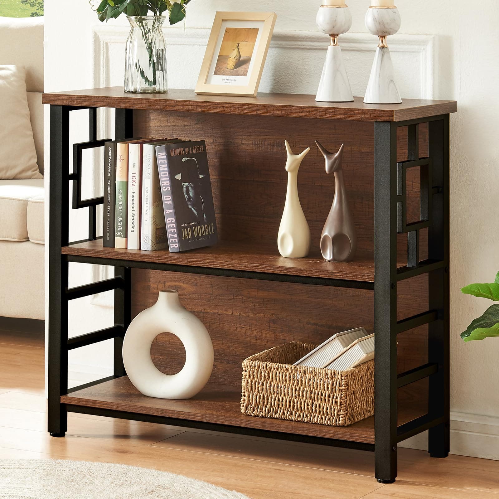 HOMISSUE 3 Tier Deep Bookshelf with Storage, Rustic Brown for Small Spaces