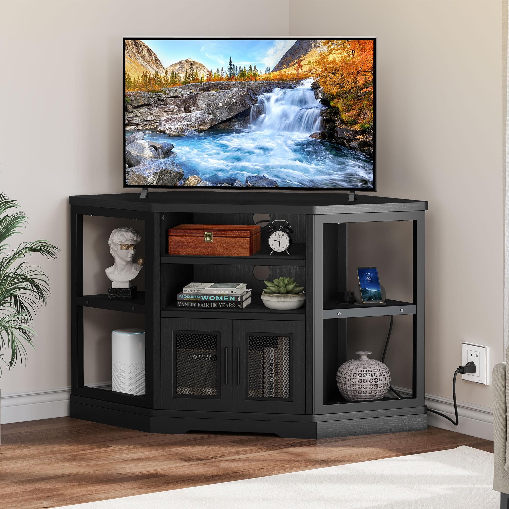 Farmhouse TV Stand for 55/50 Inch TV with Storage & Power Outlets