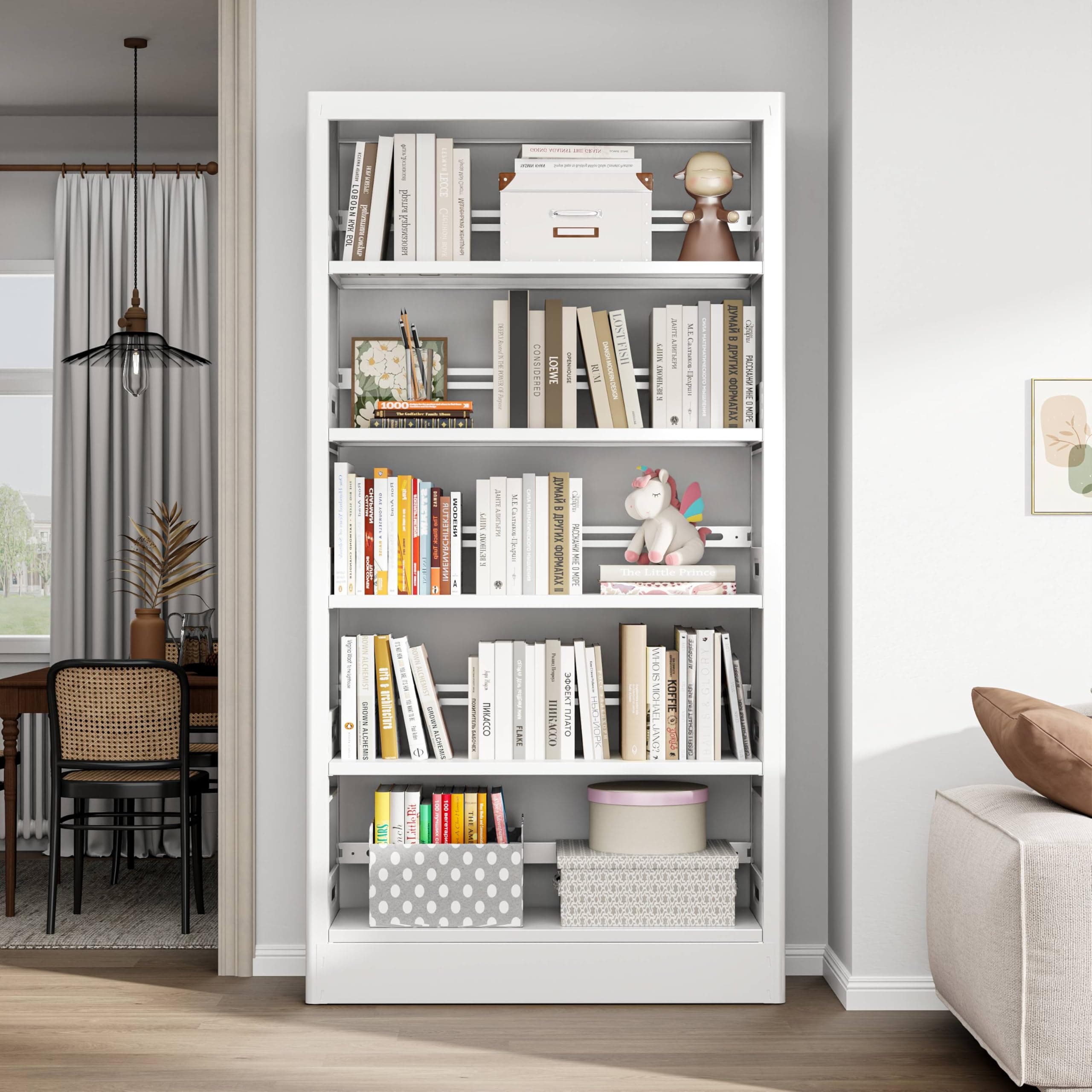 70.9" White Metal Bookshelf, 5-Tier Heavy Duty Shelf for Living Room, Office, Library