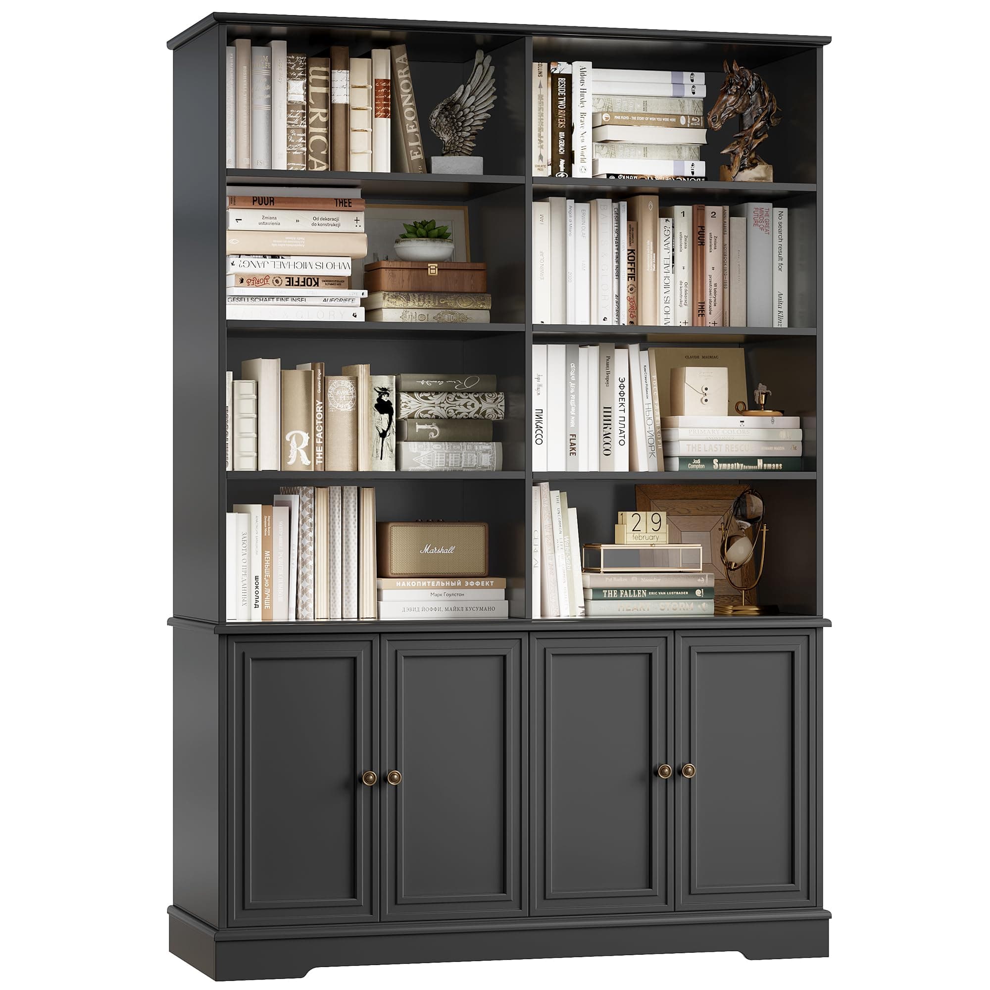 Finetones 73" Tall Black Bookshelf with Doors, 6-Tier Storage Large Bookcase
