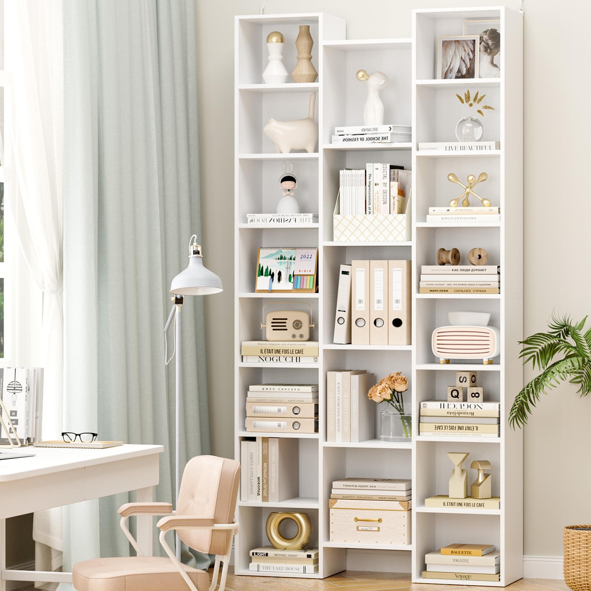 Fotosok 71” Tall Triple Wide White Bookshelf, 8 Tier Storage Tower, Home Office Display Cabinet