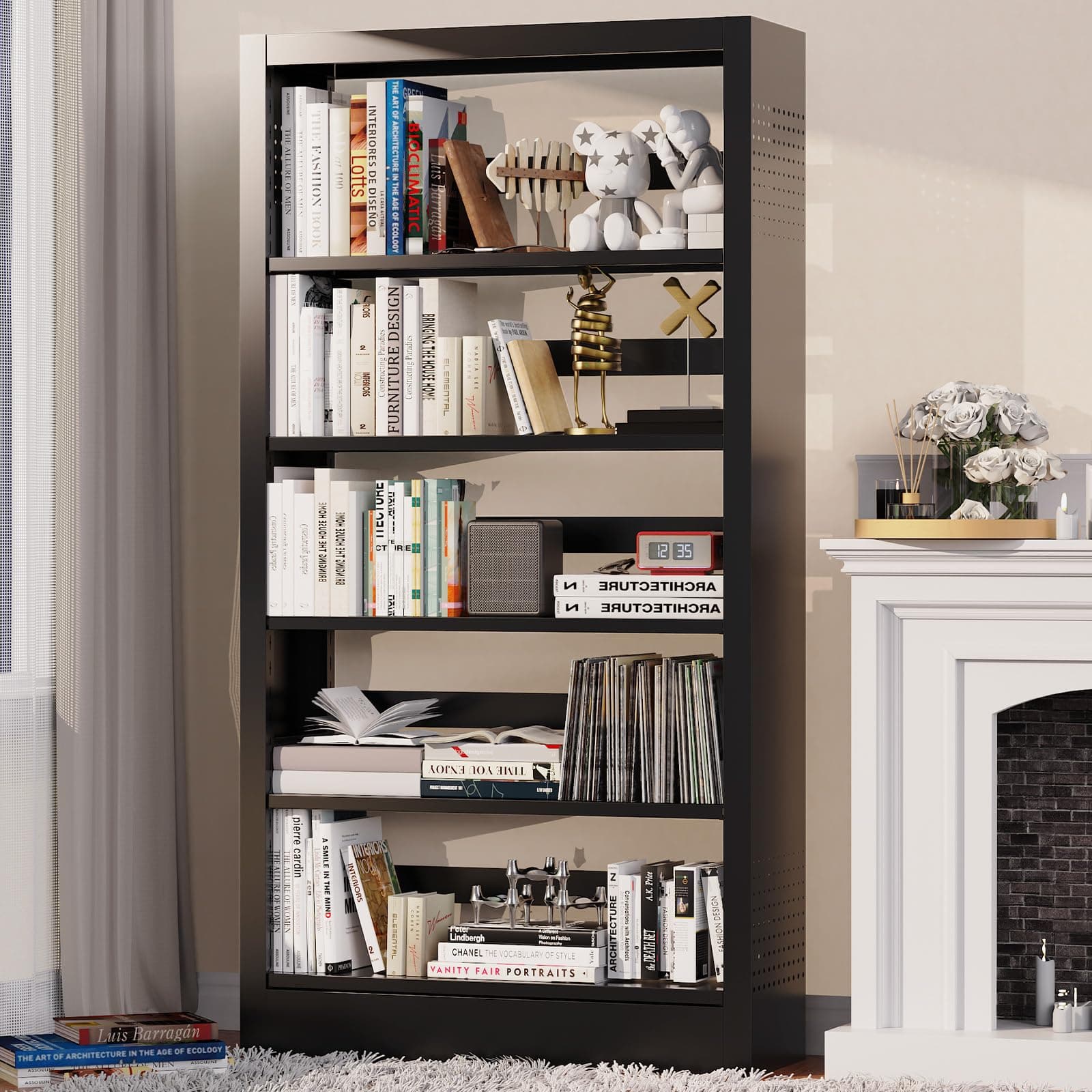 71" Black Metal Bookshelf with Adjustable Shelves and Bookends for Home Office and Living Room