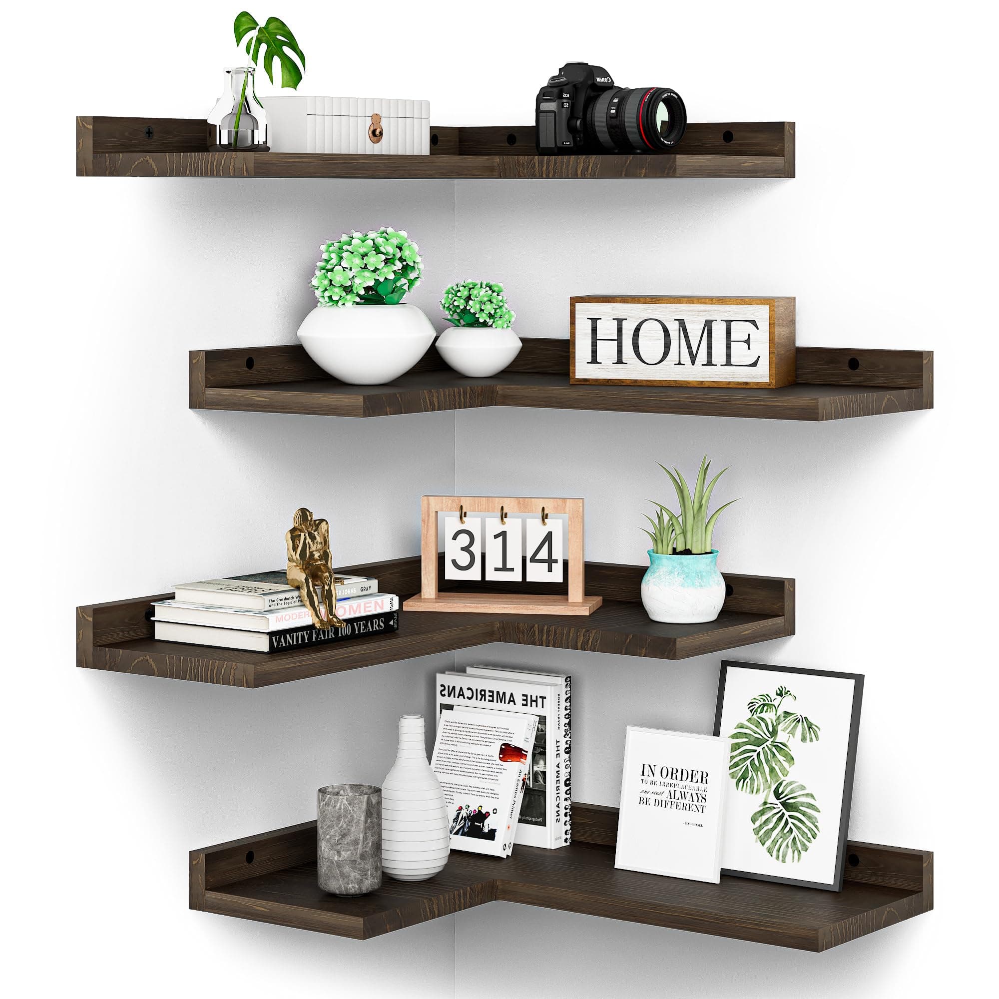 Rustic Dark Brown Floating Corner Shelves Set of 4 for Wall Décor Storage