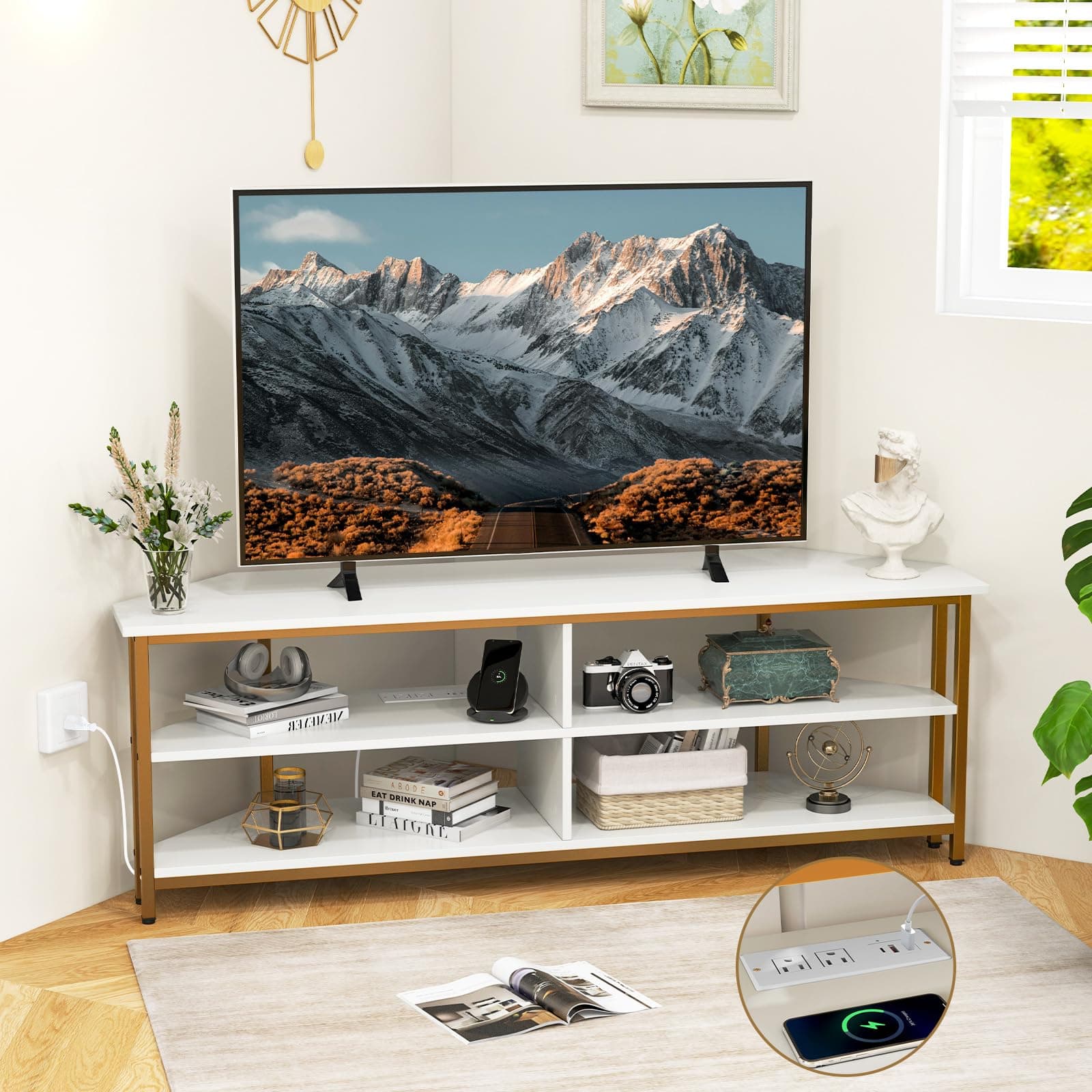 Tangkula 55" White TV Stand, 65" TV Compatibility, AC & USB Ports, Metal Frame