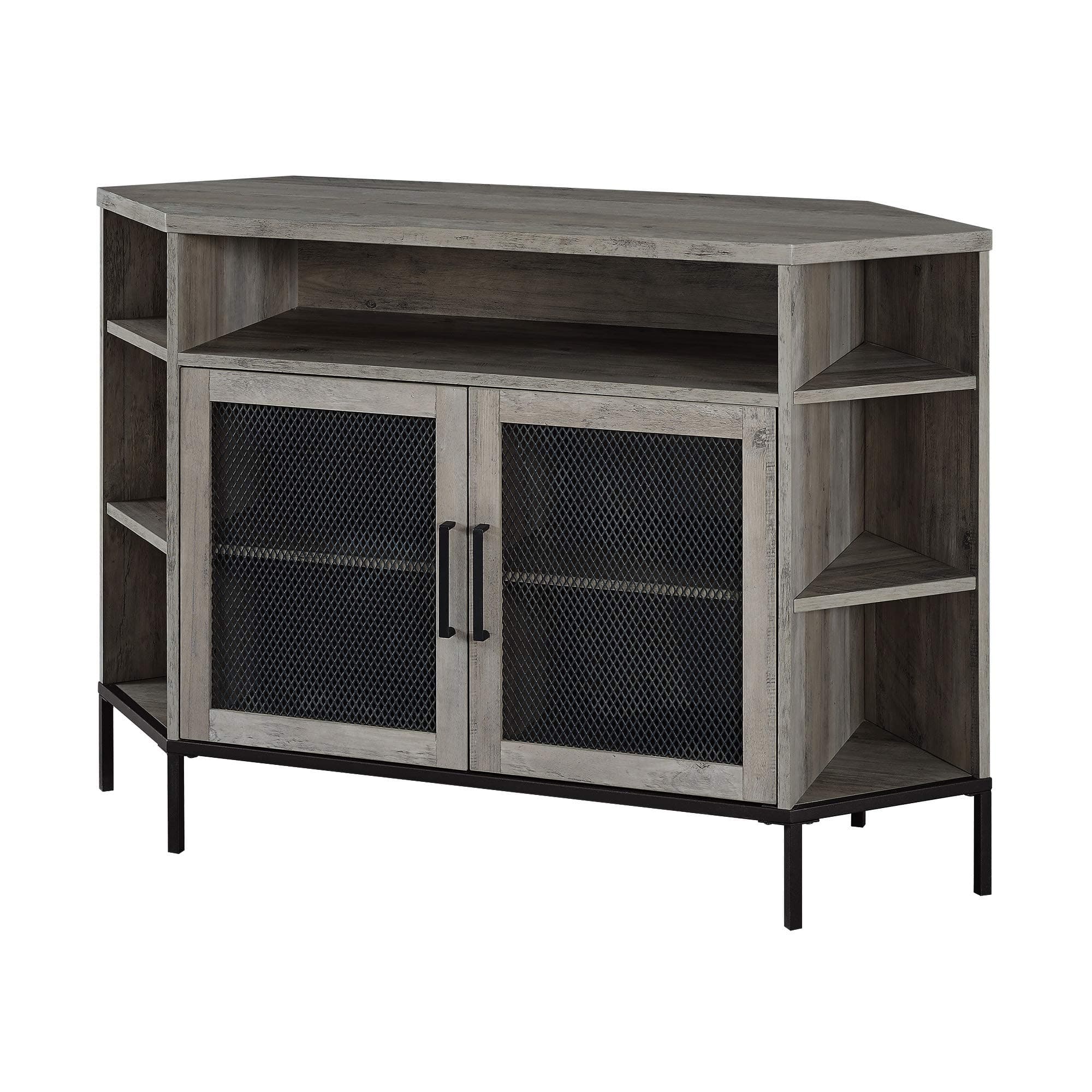 Walker Edison Modern Grey Wash Metal Mesh and Wood TV Stand with Open Shelves, 48 Inch, Up to 55" Flat Screen