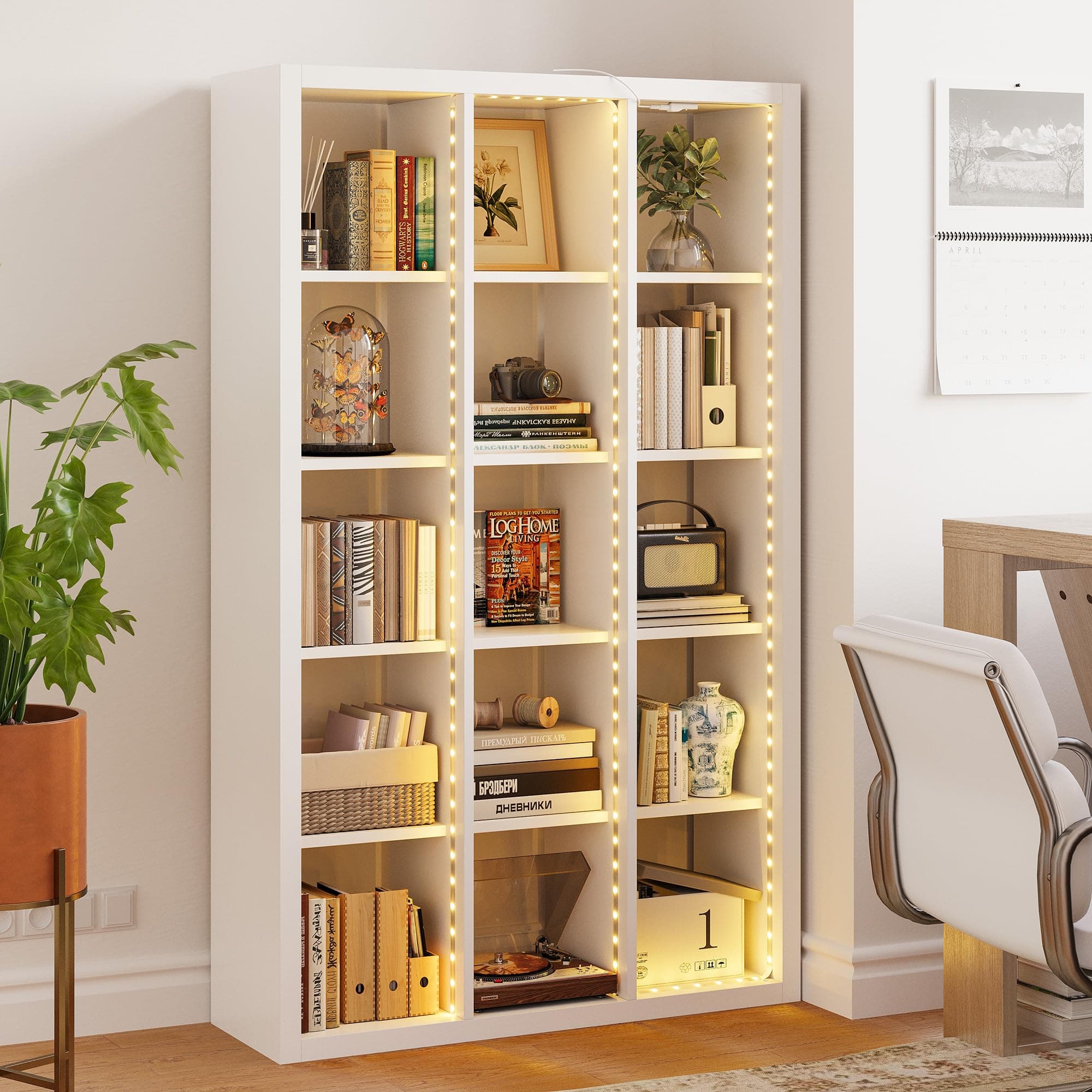 IRONCK 15-Tier Cube Bookcase with LED Lights, White