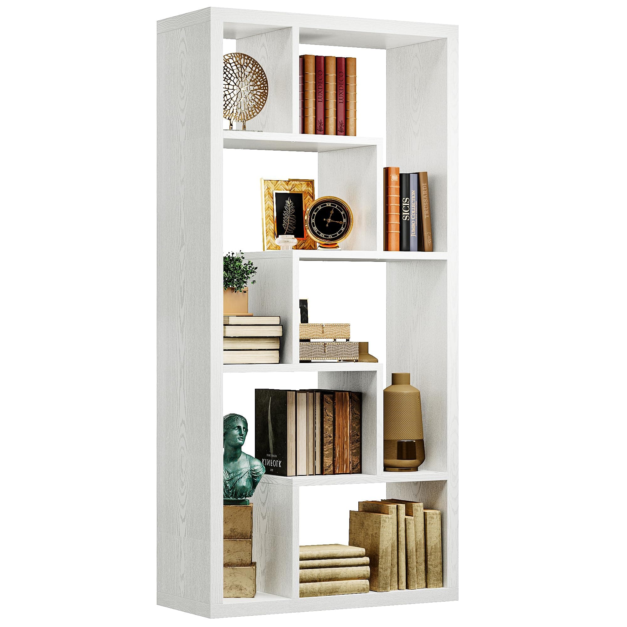 IRONCK White 6-Shelf Industrial Geometric Bookcase Tall Storage Display for Living Room Home Office