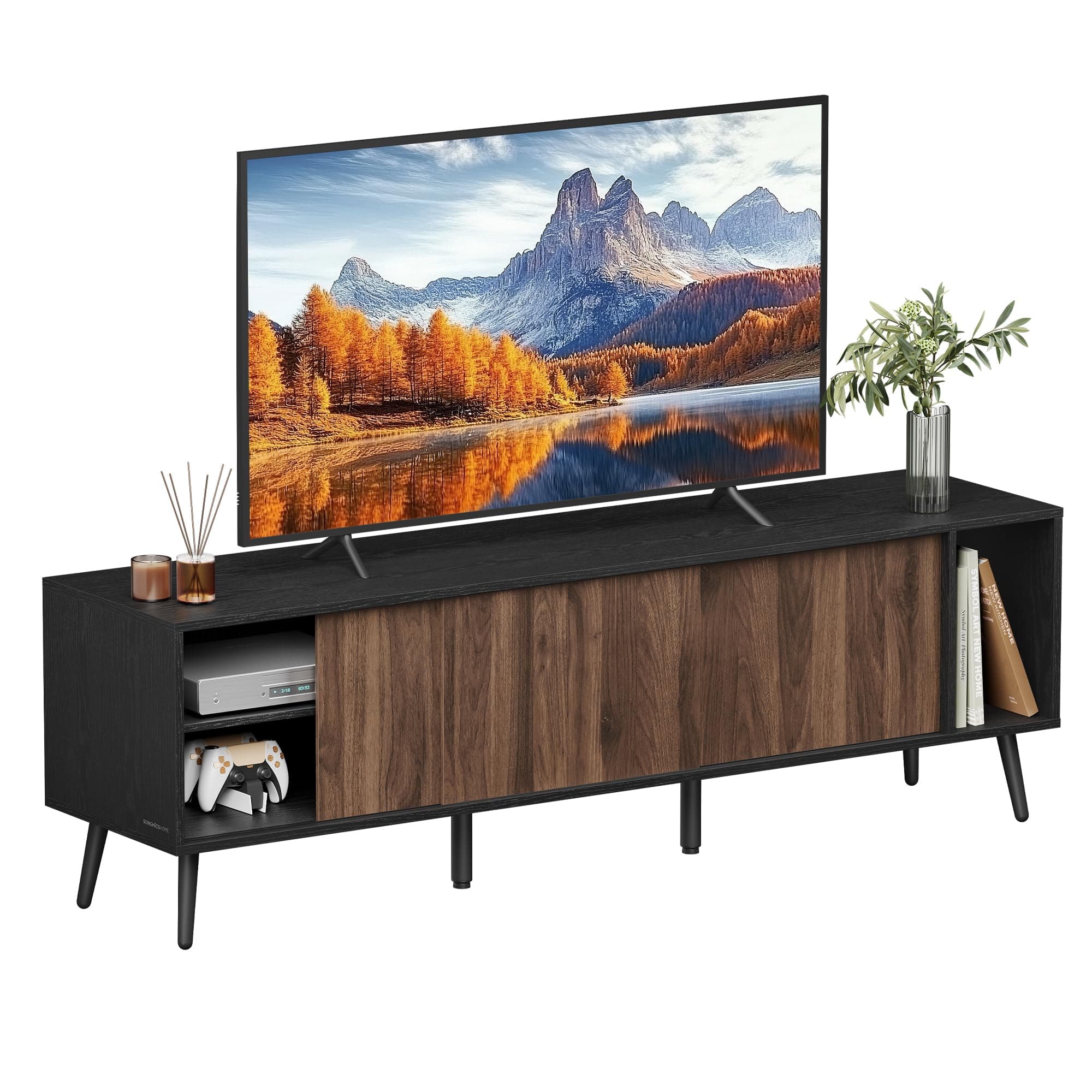 SONGMICS ULTV533B01 TV Stand, 72 Inch Max, Toolless Assembly, Storage Cabinet, Natural Walnut/Ebony Black